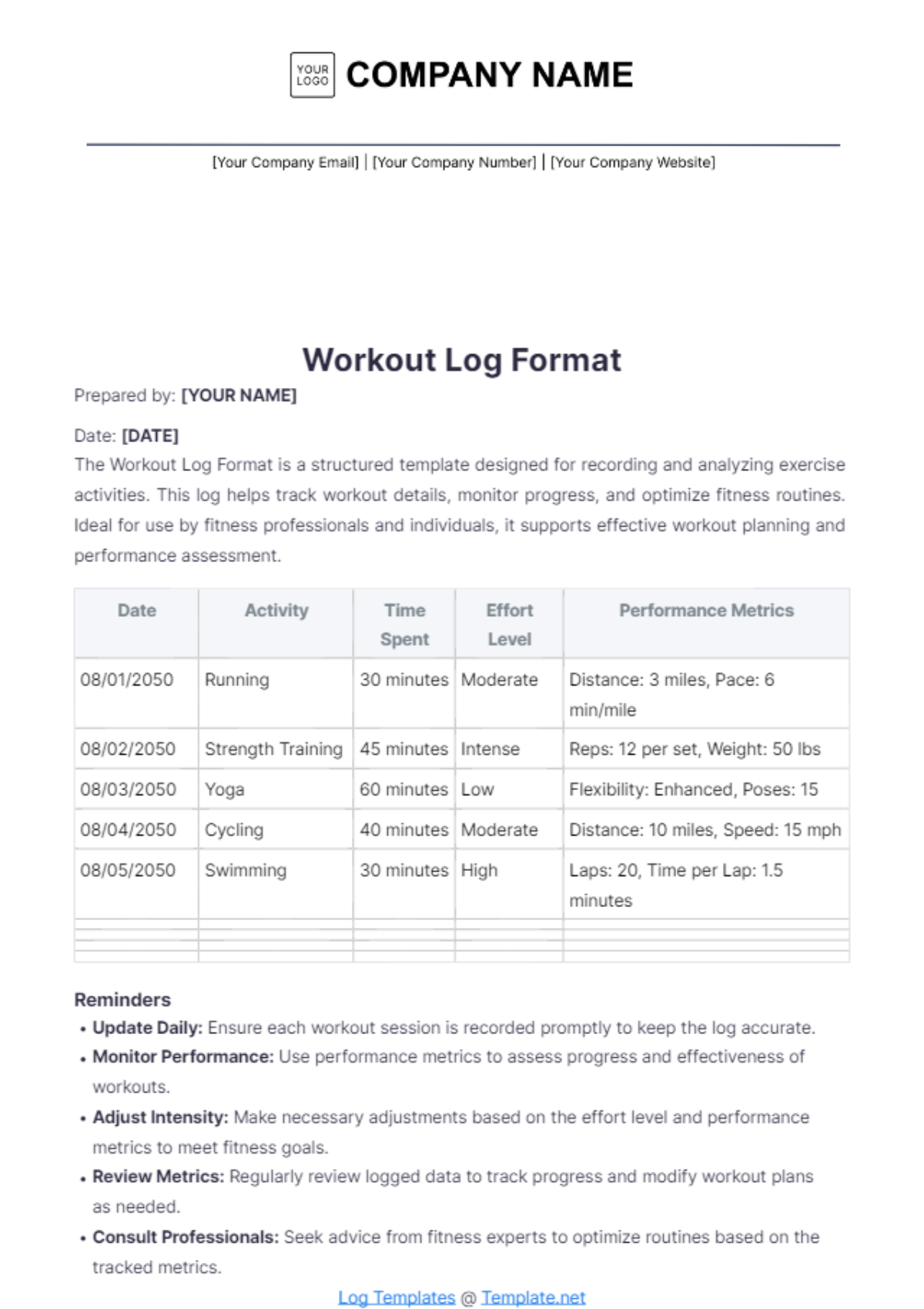 Workout Log Format Template - Edit Online & Download