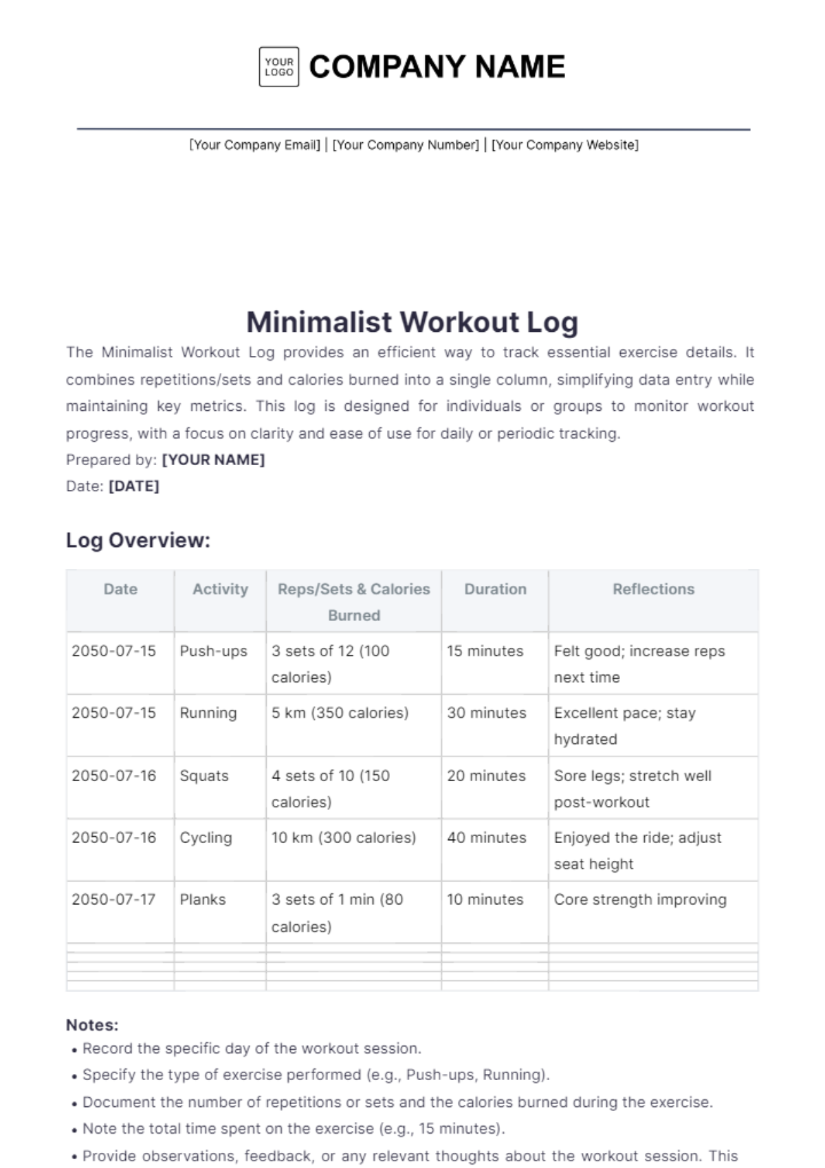 Minimalist Workout Log Template - Edit Online & Download