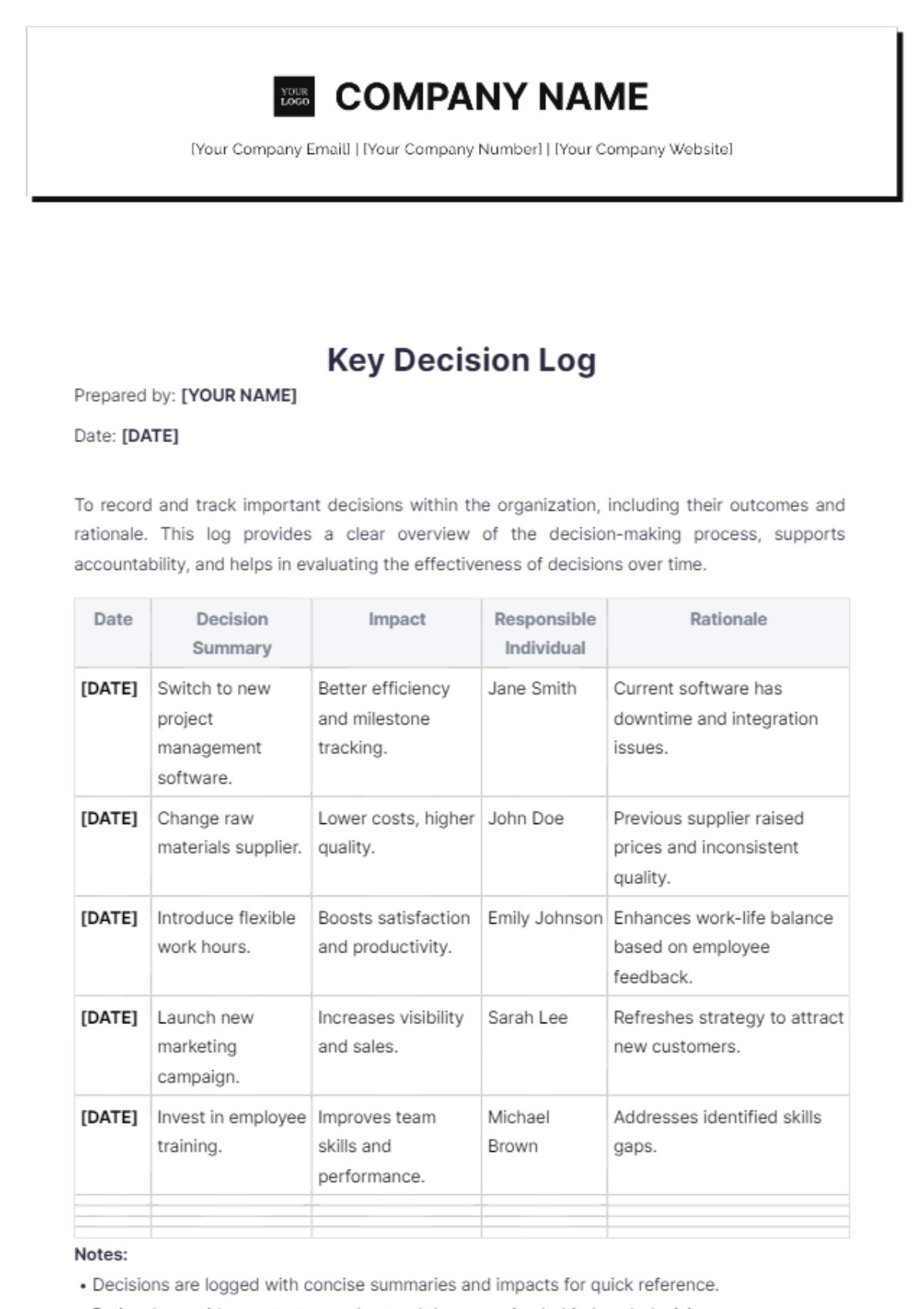 Key Decision Log Template - Edit Online & Download