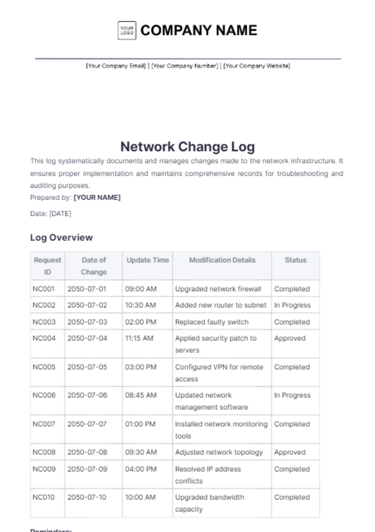 Network Change Log Template - Edit Online & Download