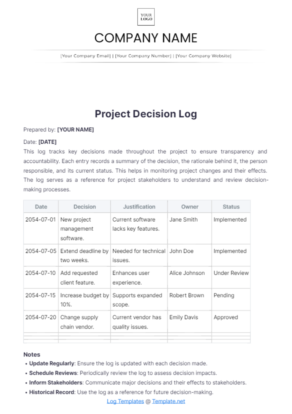 Project Decision Log Template - Edit Online & Download