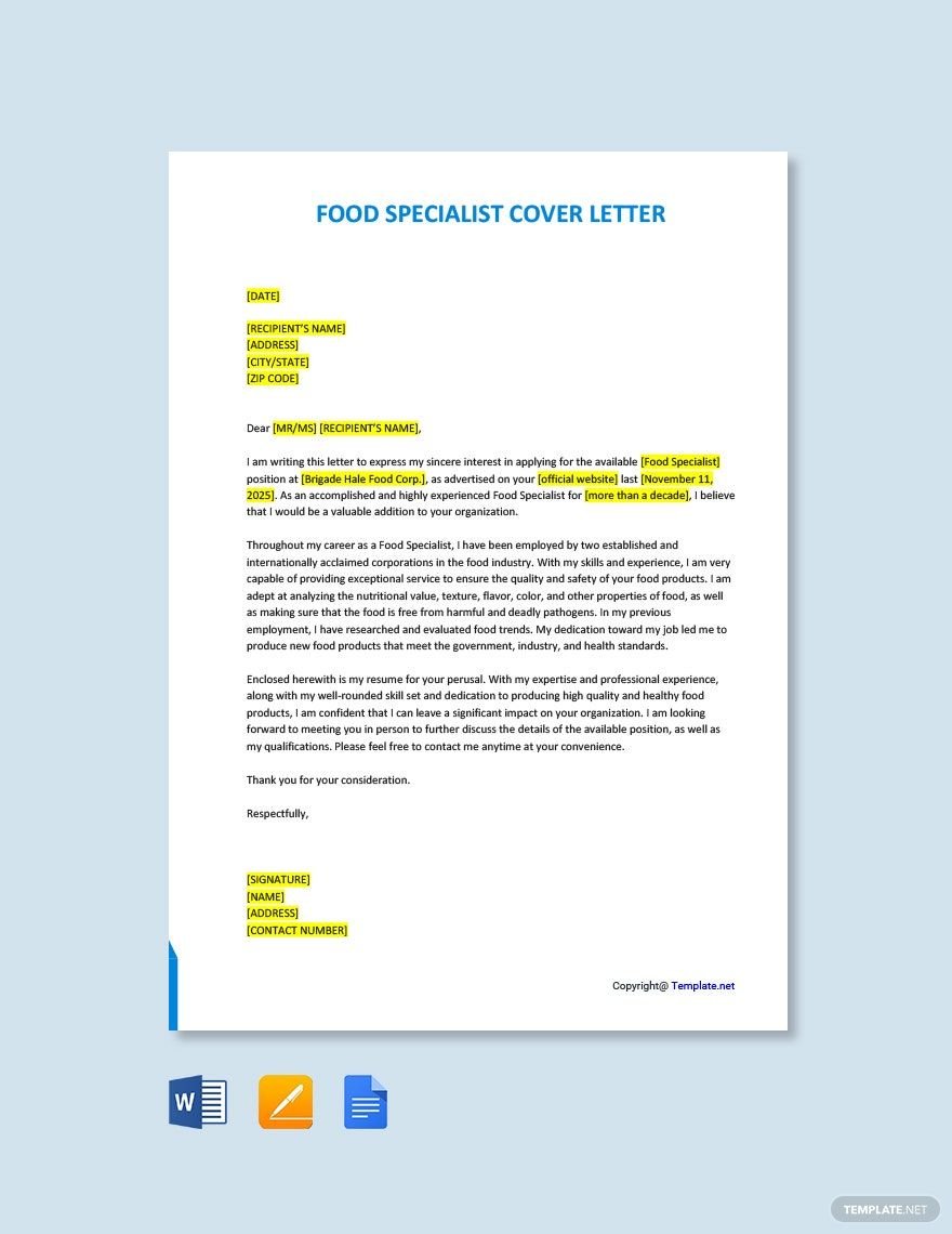 Food Specialist Cover Letter