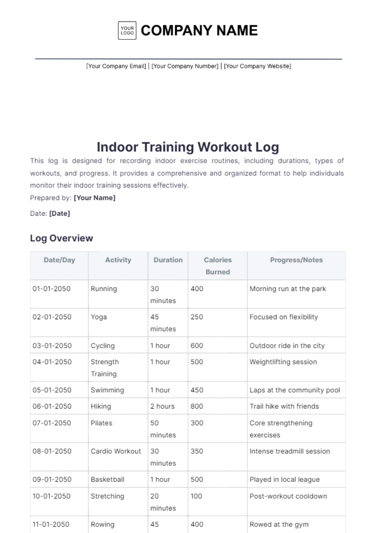 Indoor Training Workout Log Template - Edit Online & Download