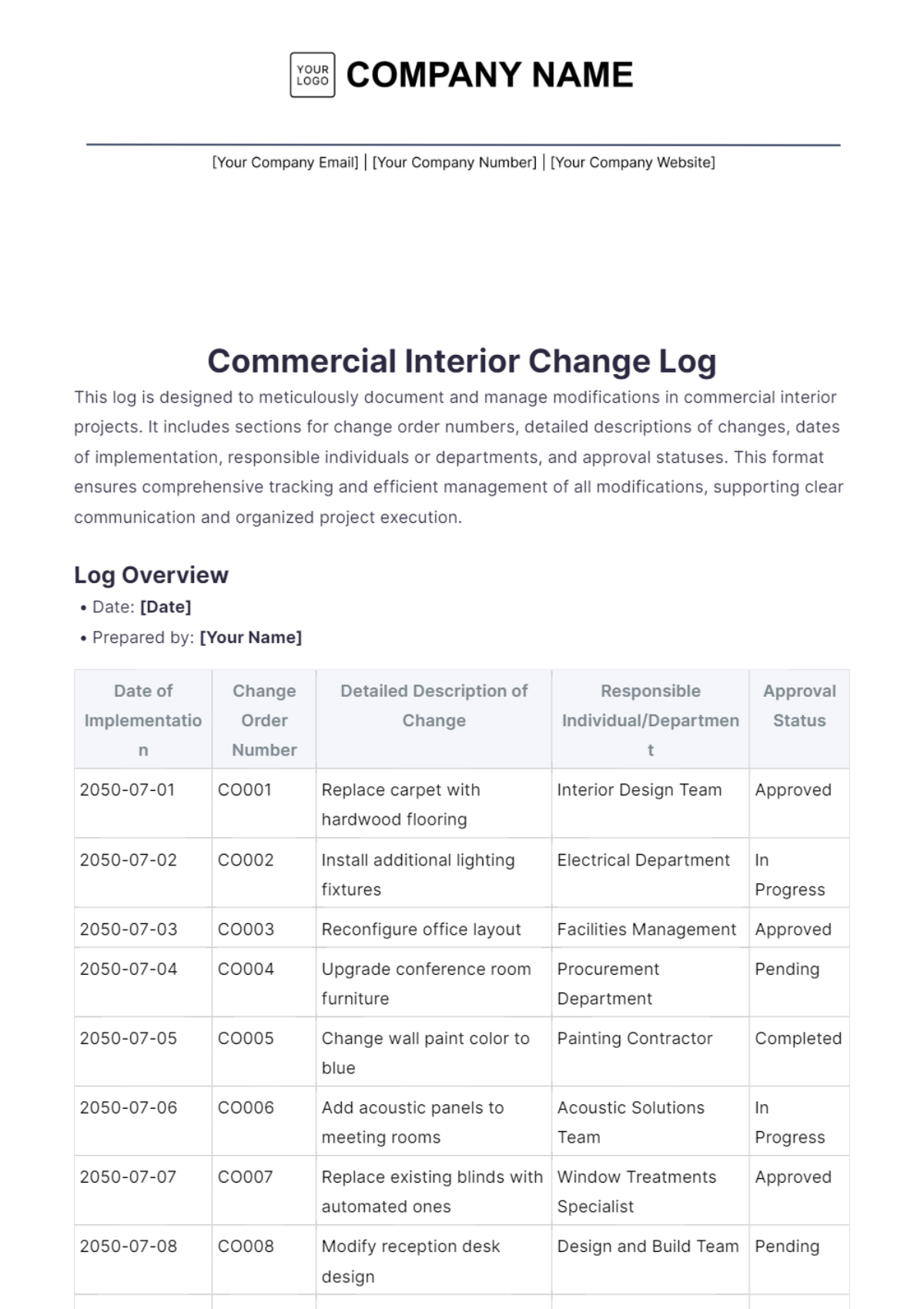 Commercial Interior Change Log Template - Edit Online & Download