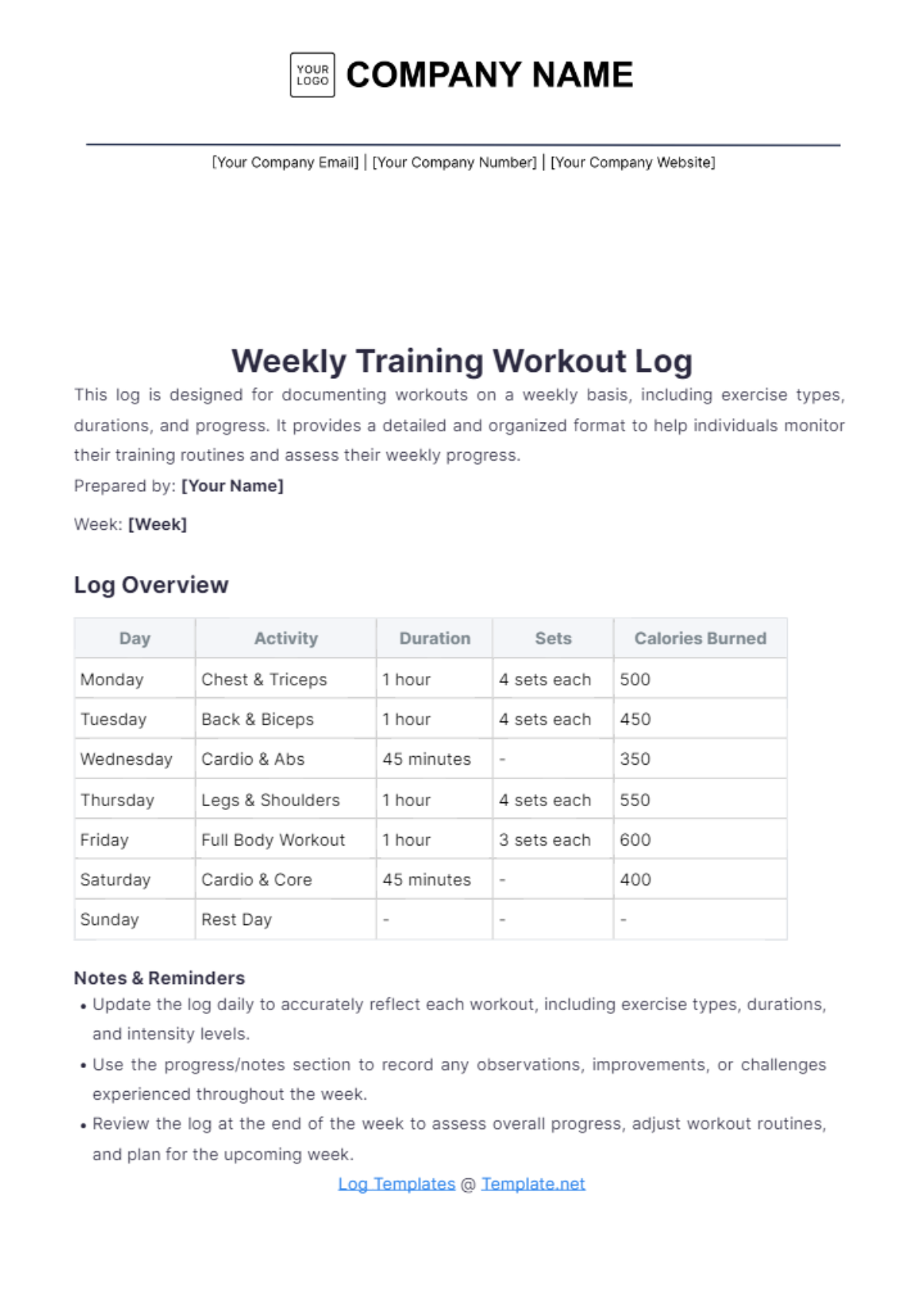 Weekly Training Workout Log Template - Edit Online & Download