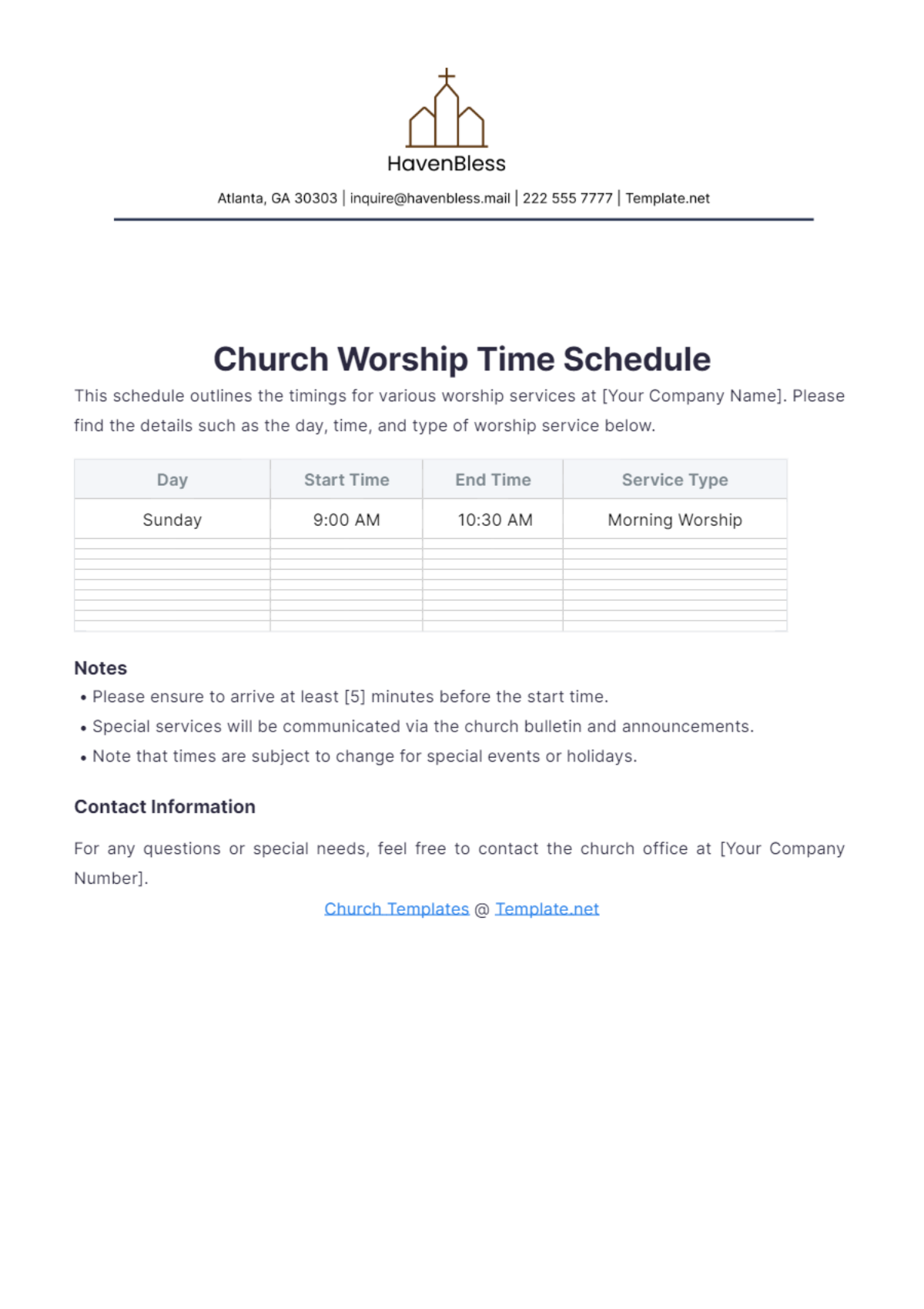 Church Worship Time Schedule Template - Edit Online & Download