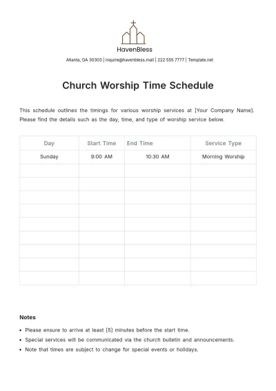 Free Church Worship Time Schedule Template to Edit Online