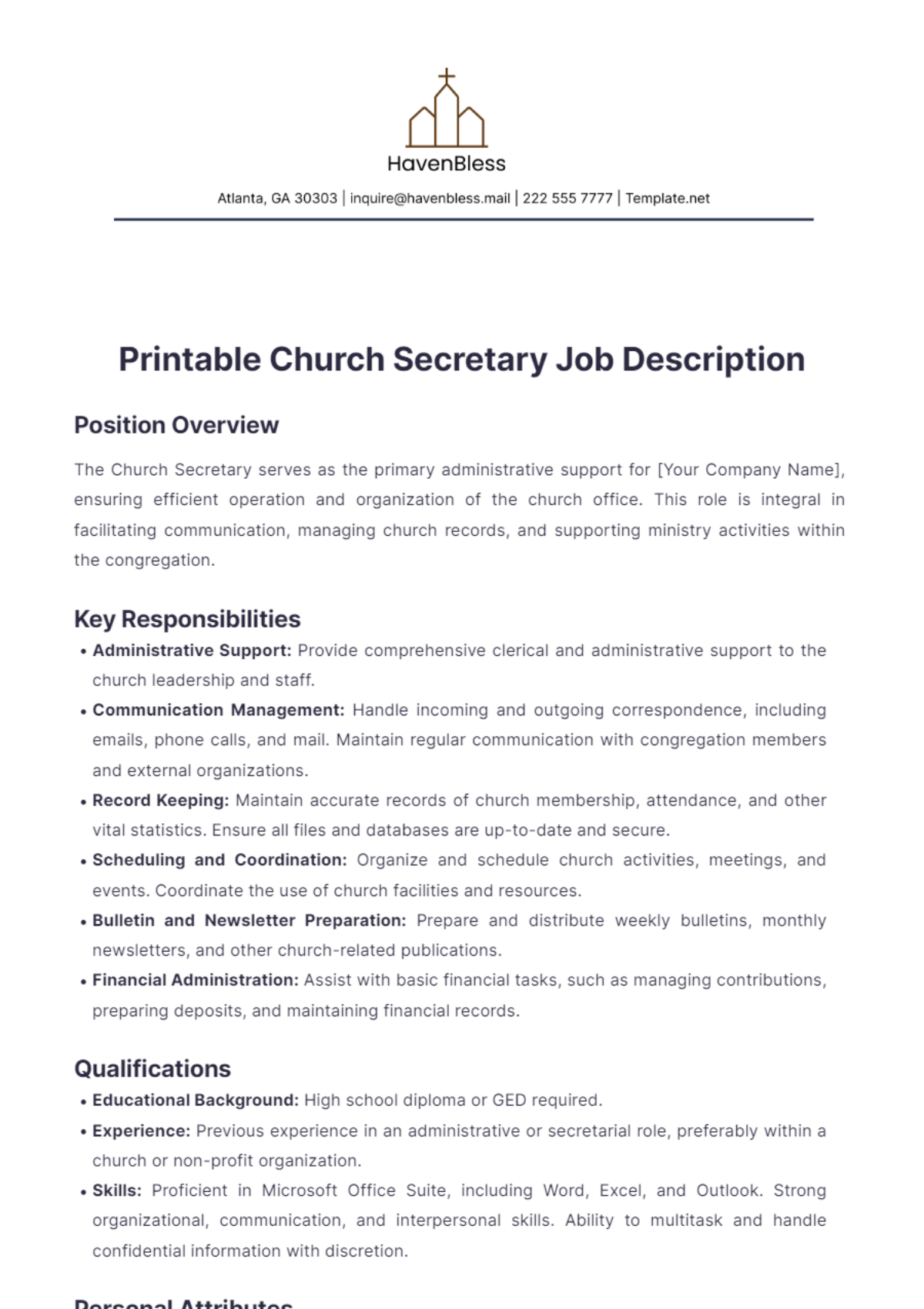 Printable Church Secretary Job Description Template - Edit Online & Download