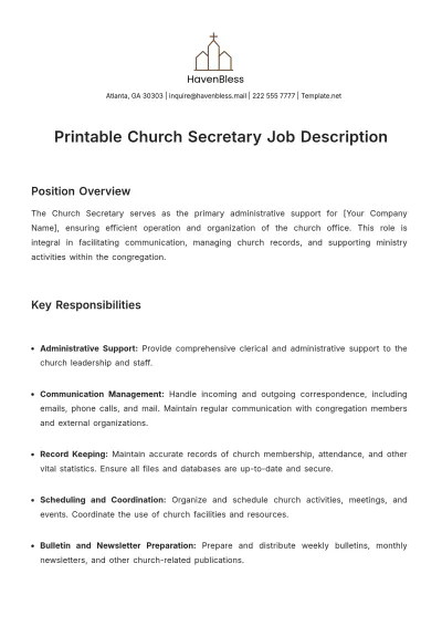 Free Printable Church Secretary Job Description Template to Edit Online