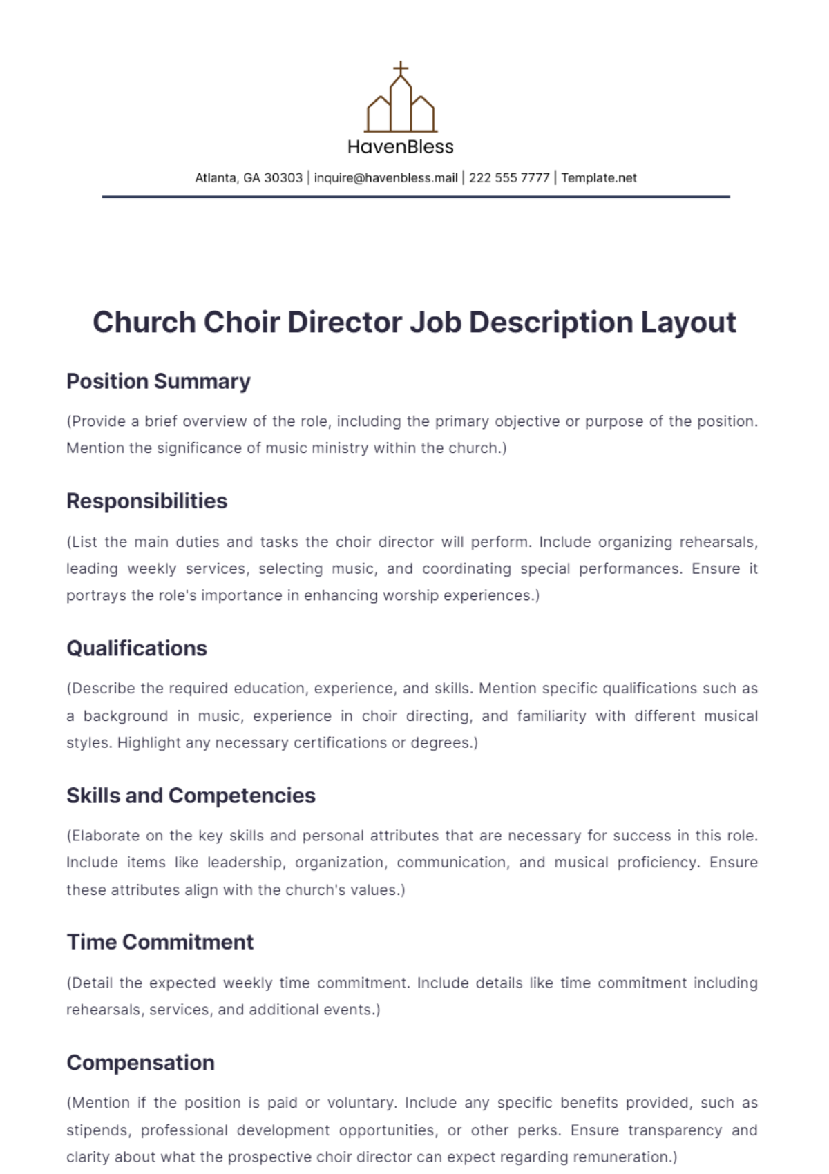 Church Choir Director Job Description Layout Template - Edit Online & Download