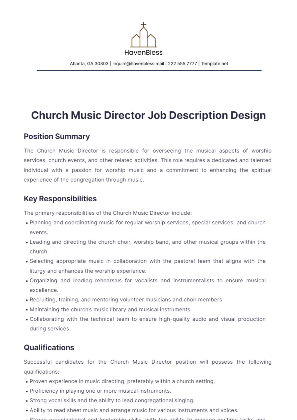 Church Music Director Job Description Design Template - Edit Online & Download