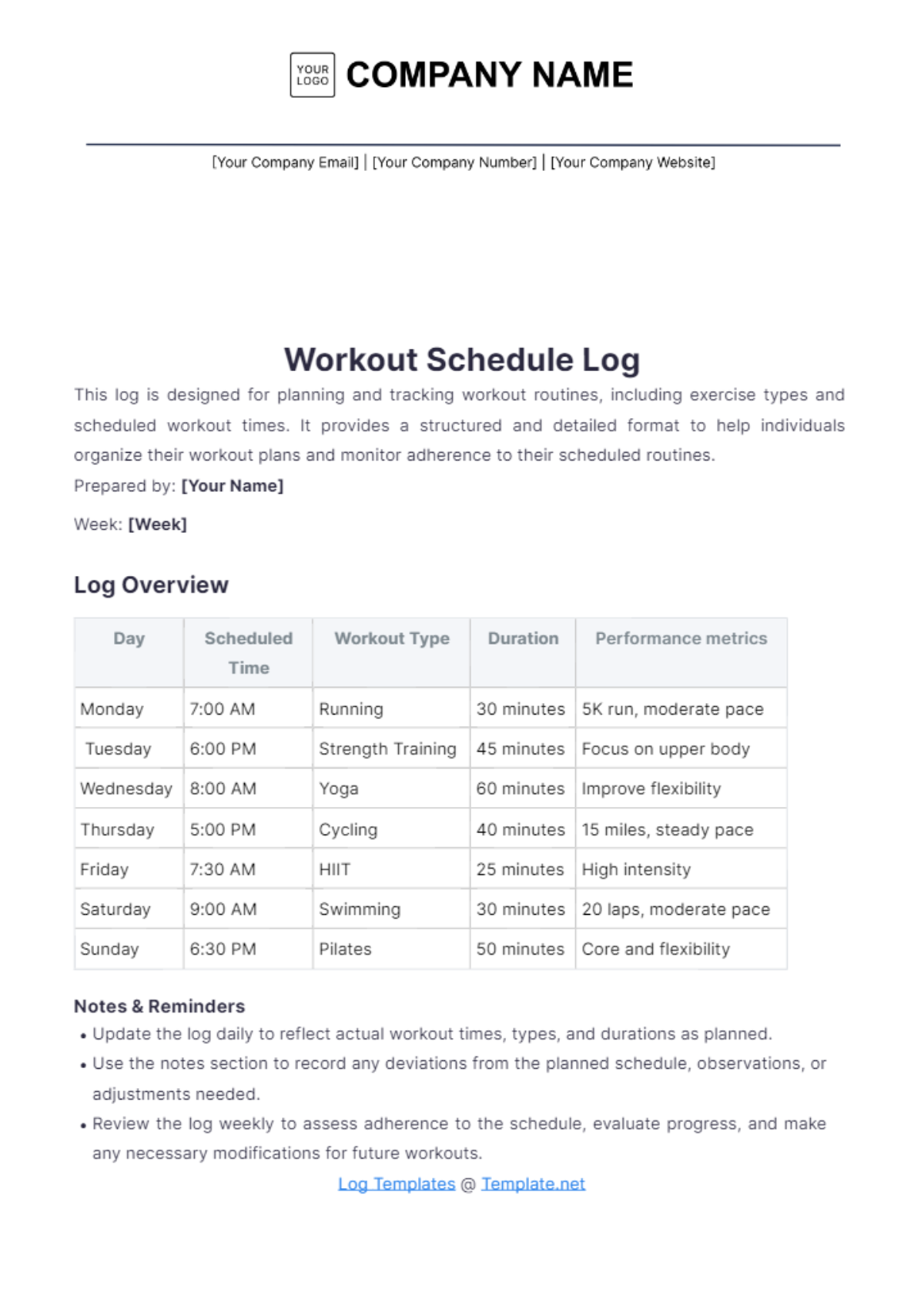 Workout Schedule Log Template - Edit Online & Download