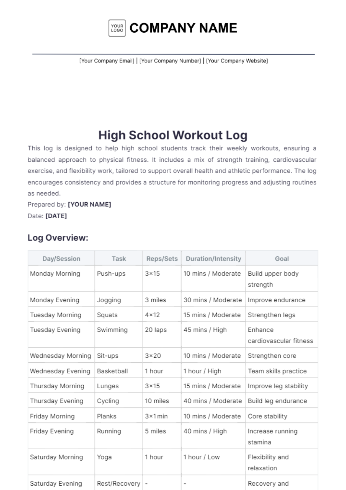 High School Workout Log Template - Edit Online & Download