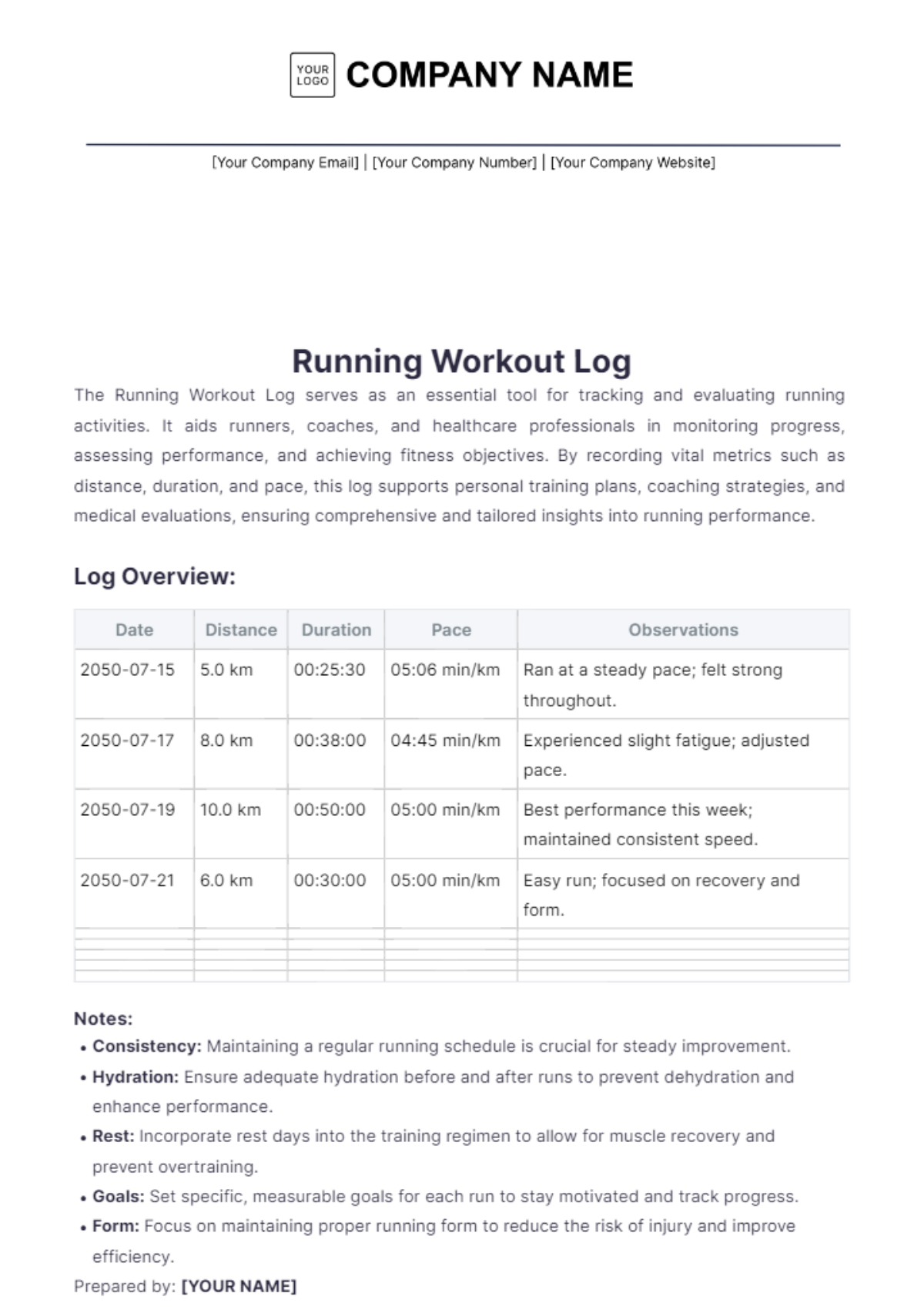 Running Workout Log Template - Edit Online & Download