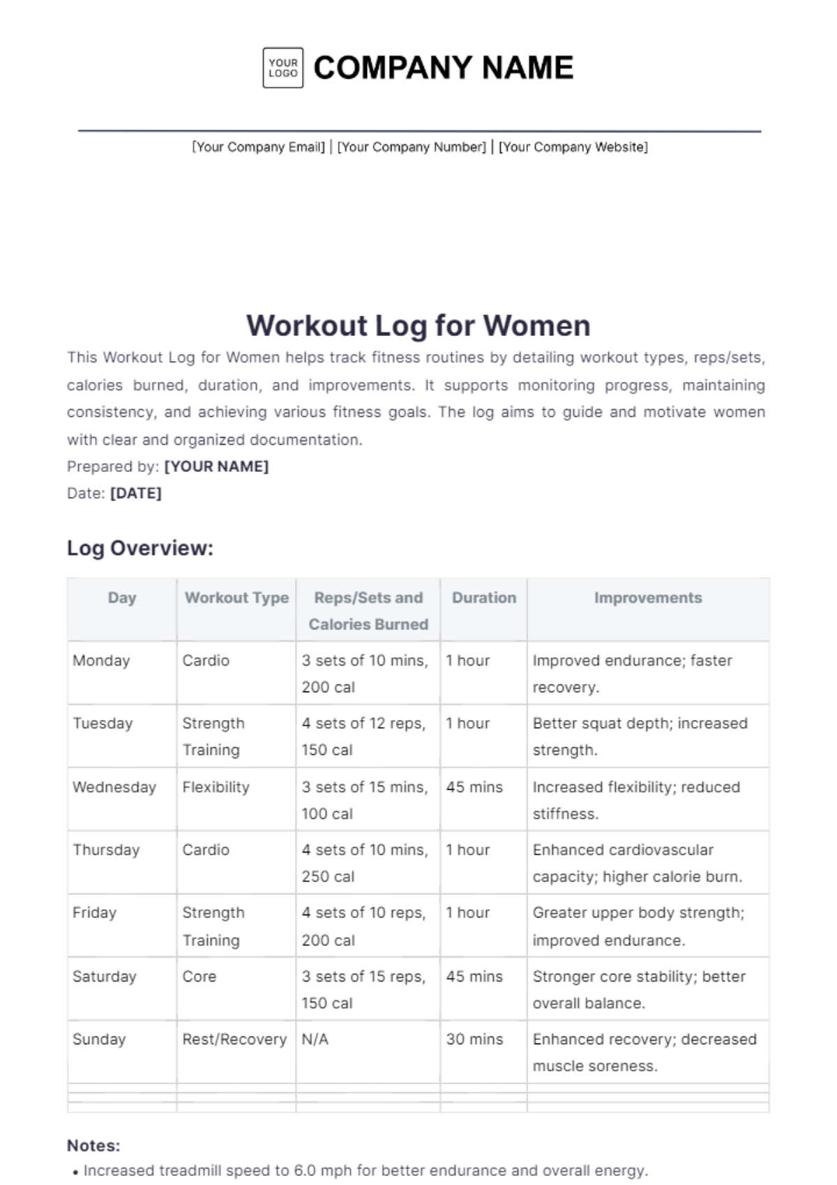 Workout Log for Women Template - Edit Online & Download