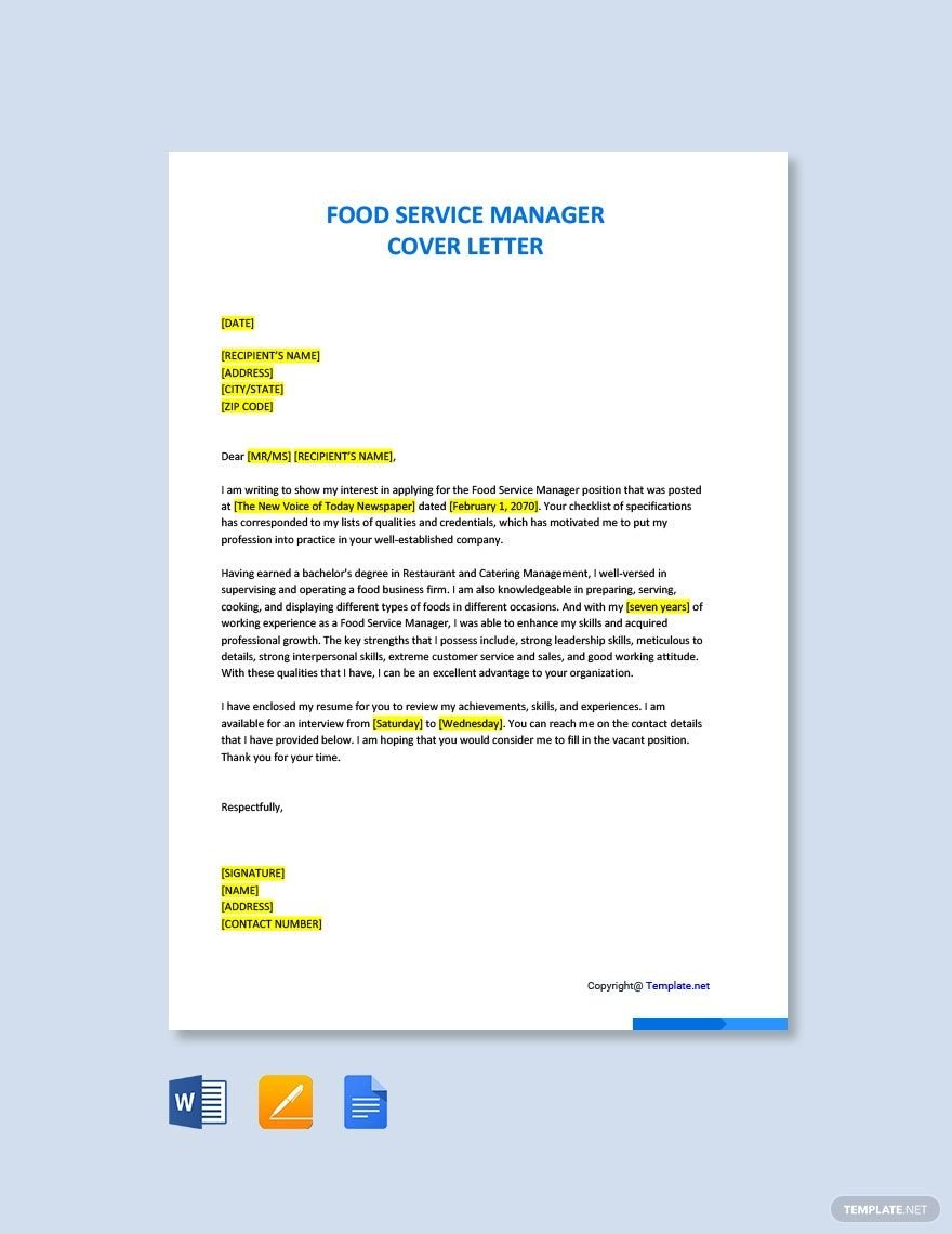 Free Food Service Manager Cover Letter Template