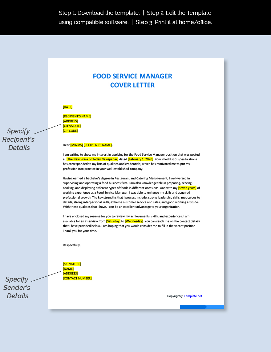 sample cover letter for food service manager