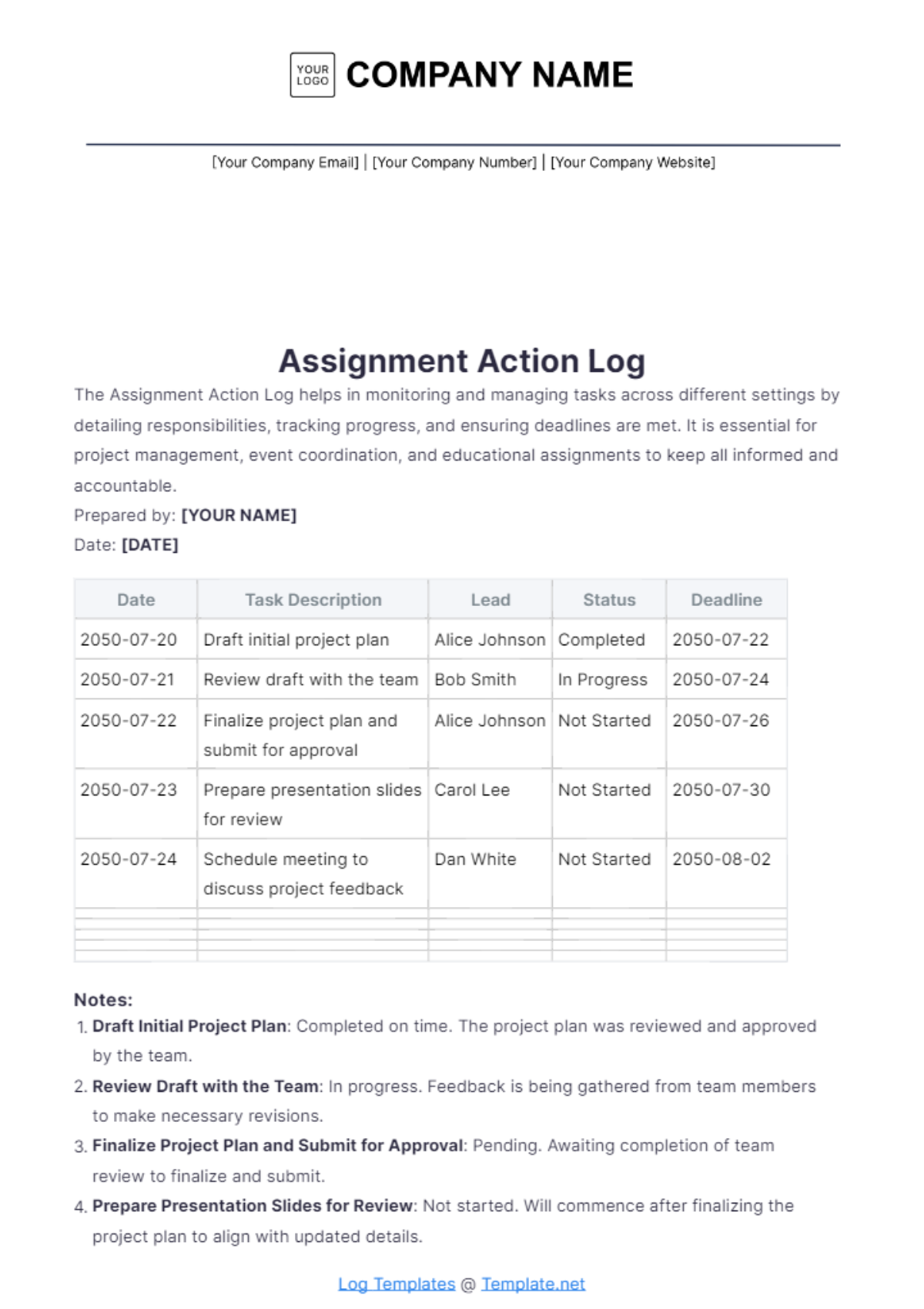 Assignment Action Log Template - Edit Online & Download