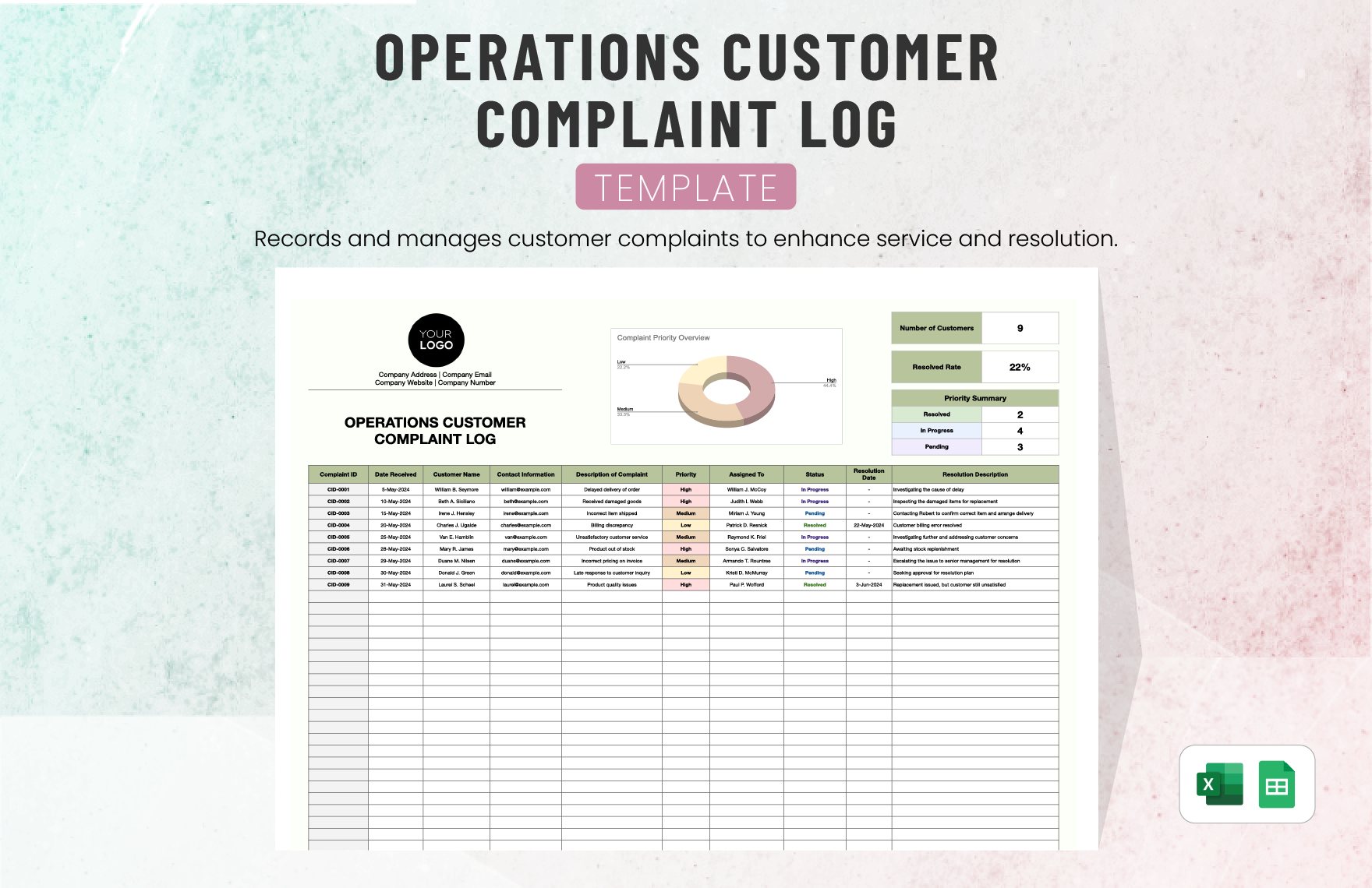 Operations Customer Complaint Log Template in Excel, Google Sheets - Download | Template.net