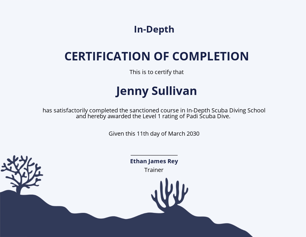 Scuba Diving School Certificate Template - Google Docs, Illustrator, InDesign, Word, Apple Pages, PSD, Publisher