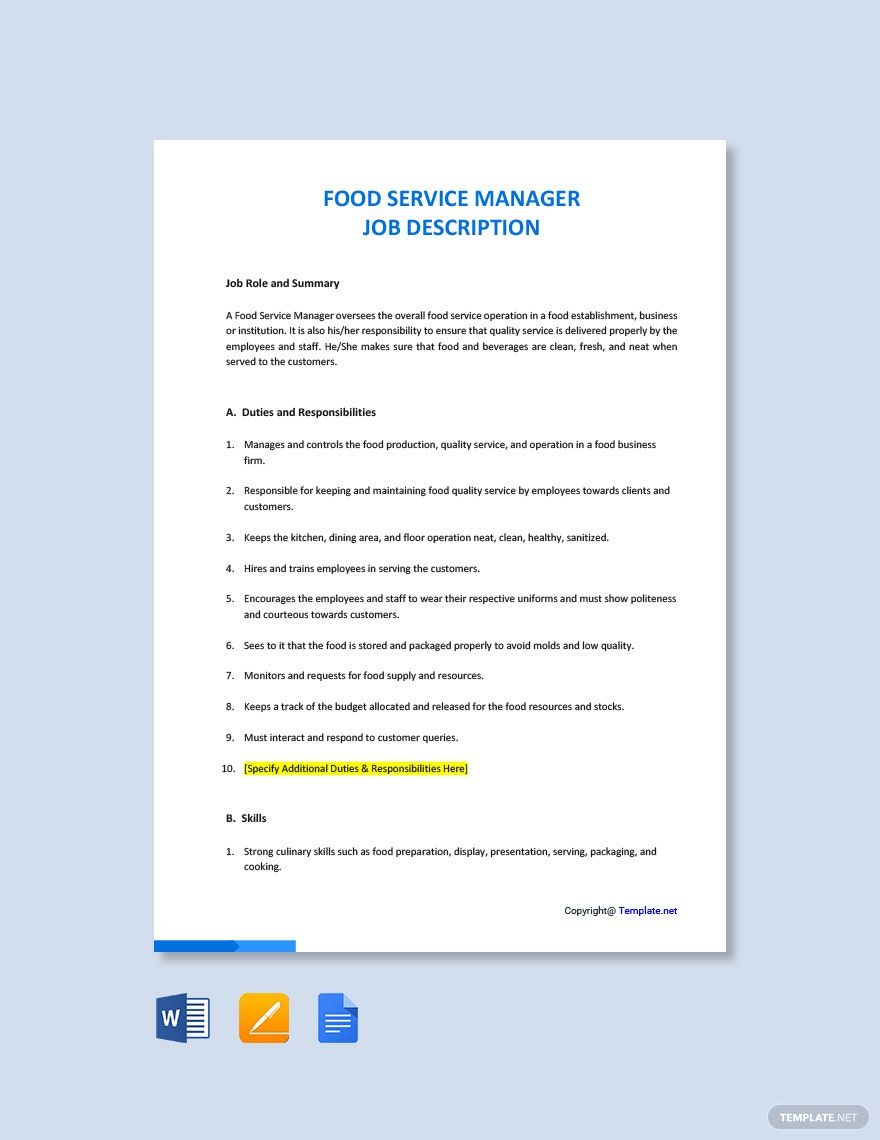 Free Food Service Manager Job Description Template