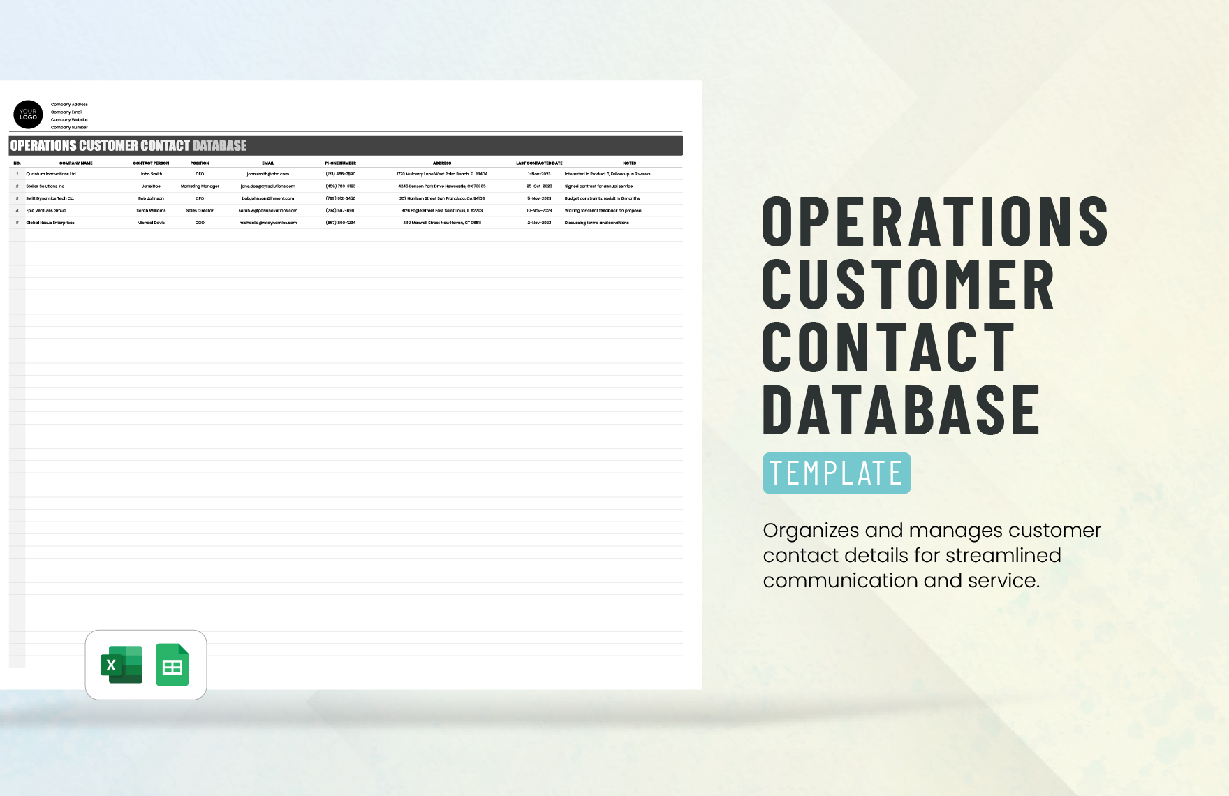 Operations Customer Contact Database Template in Google Sheets, Excel - Download | Template.net