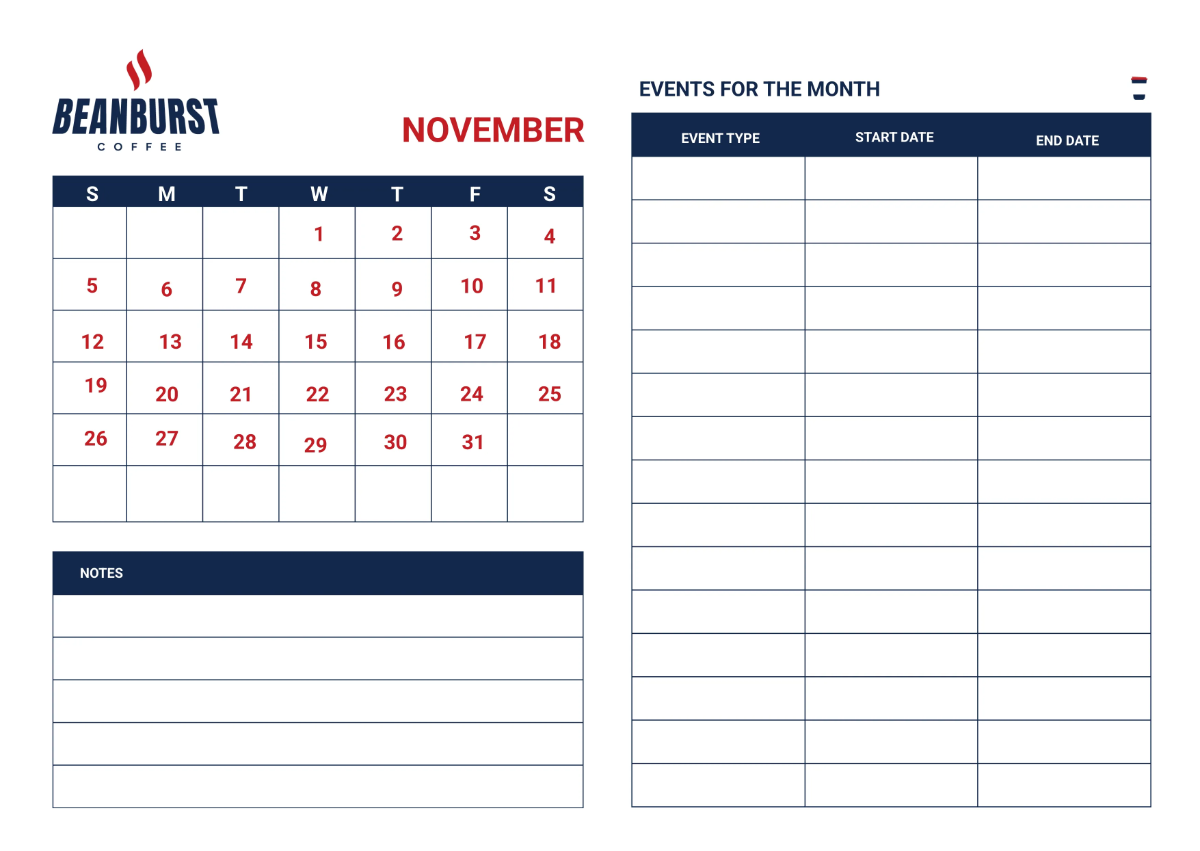 Free Cafe Event Desk Calendar Template to Edit Online