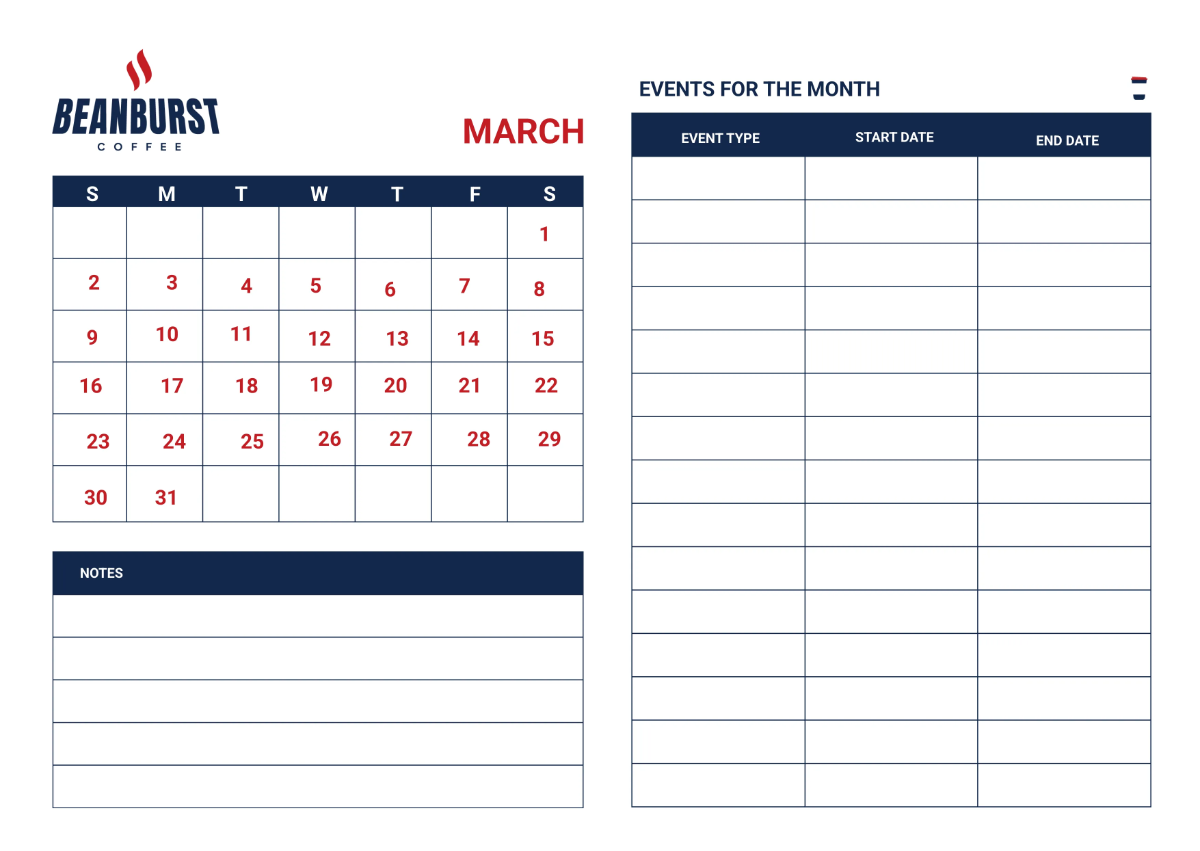 Free Cafe Event Desk Calendar Template to Edit Online