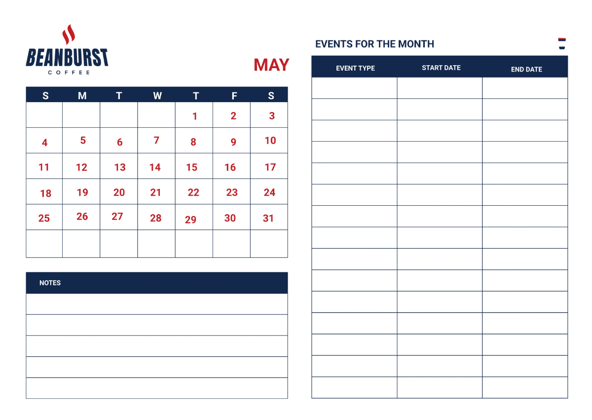 Free Cafe Event Desk Calendar Template to Edit Online