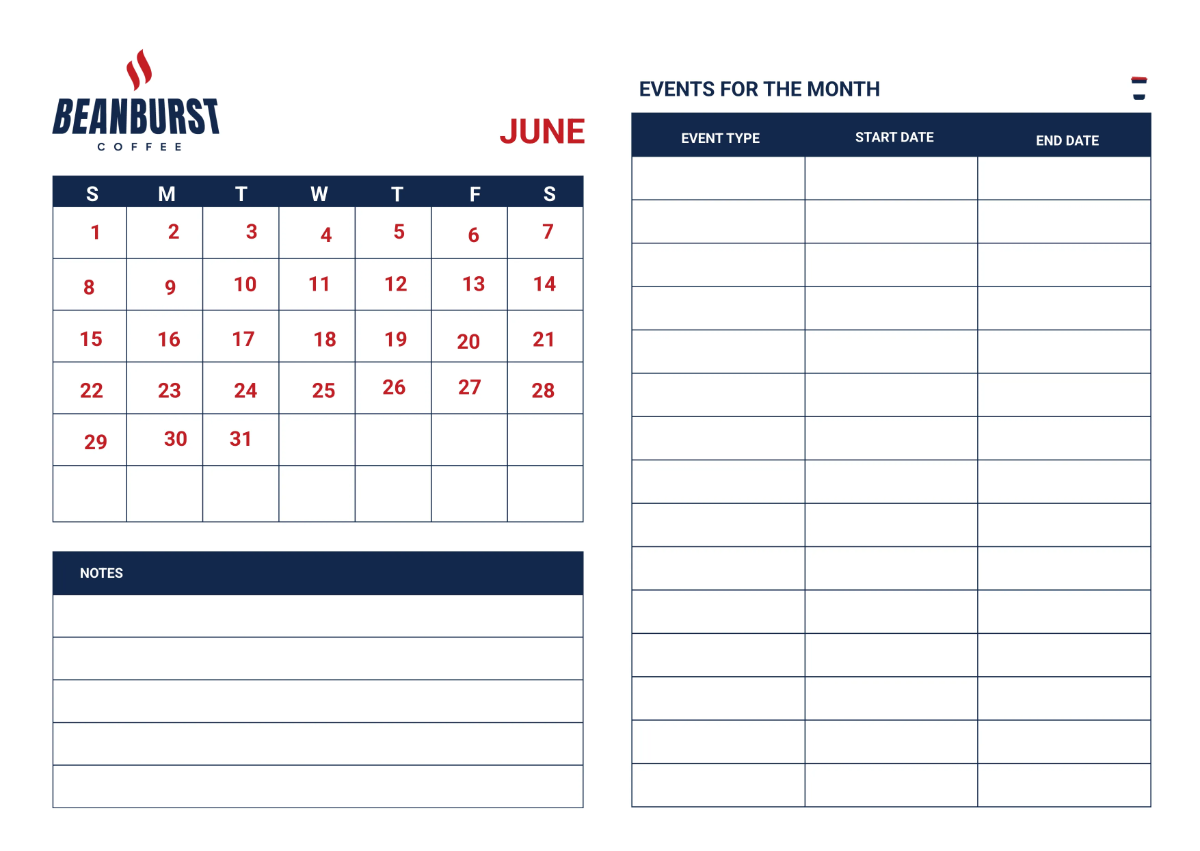 Free Cafe Event Desk Calendar Template to Edit Online