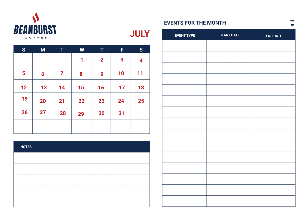 Free Cafe Event Desk Calendar Template to Edit Online