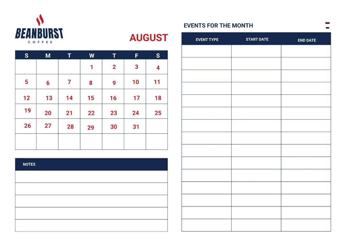 Free Cafe Event Desk Calendar Template to Edit Online