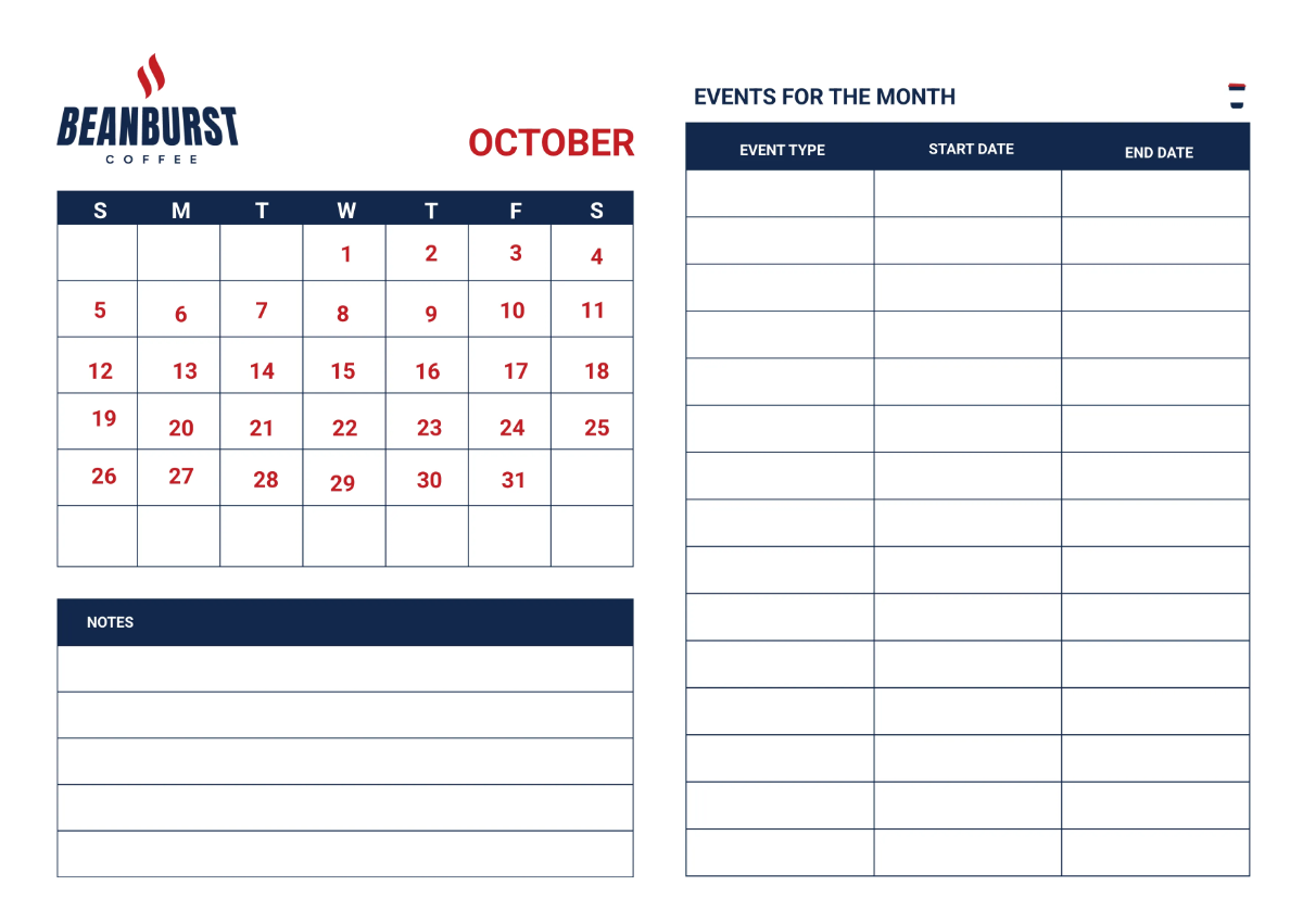 Free Cafe Event Desk Calendar Template to Edit Online