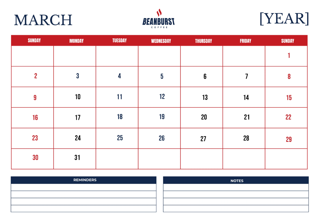 Free Cafe Monthly Calendar Template to Edit Online