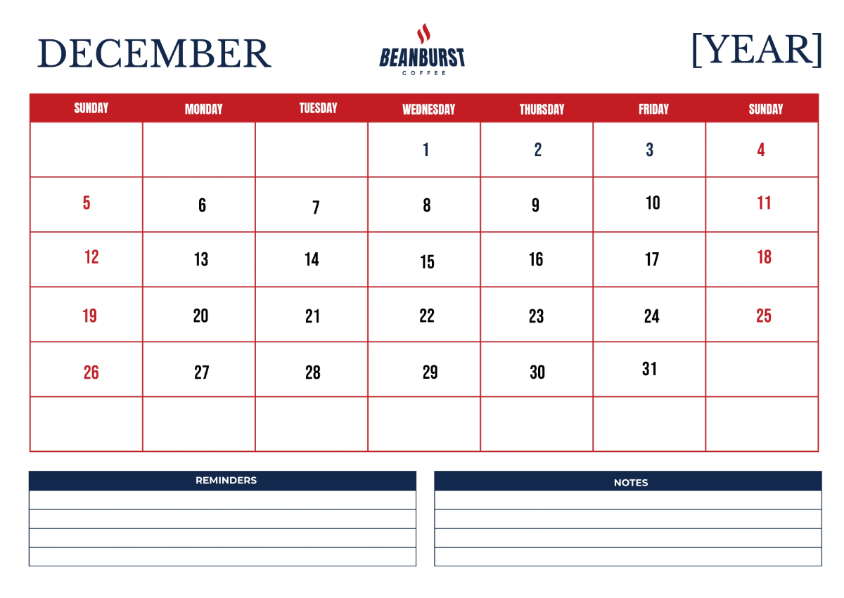 Free Cafe Monthly Calendar Template to Edit Online