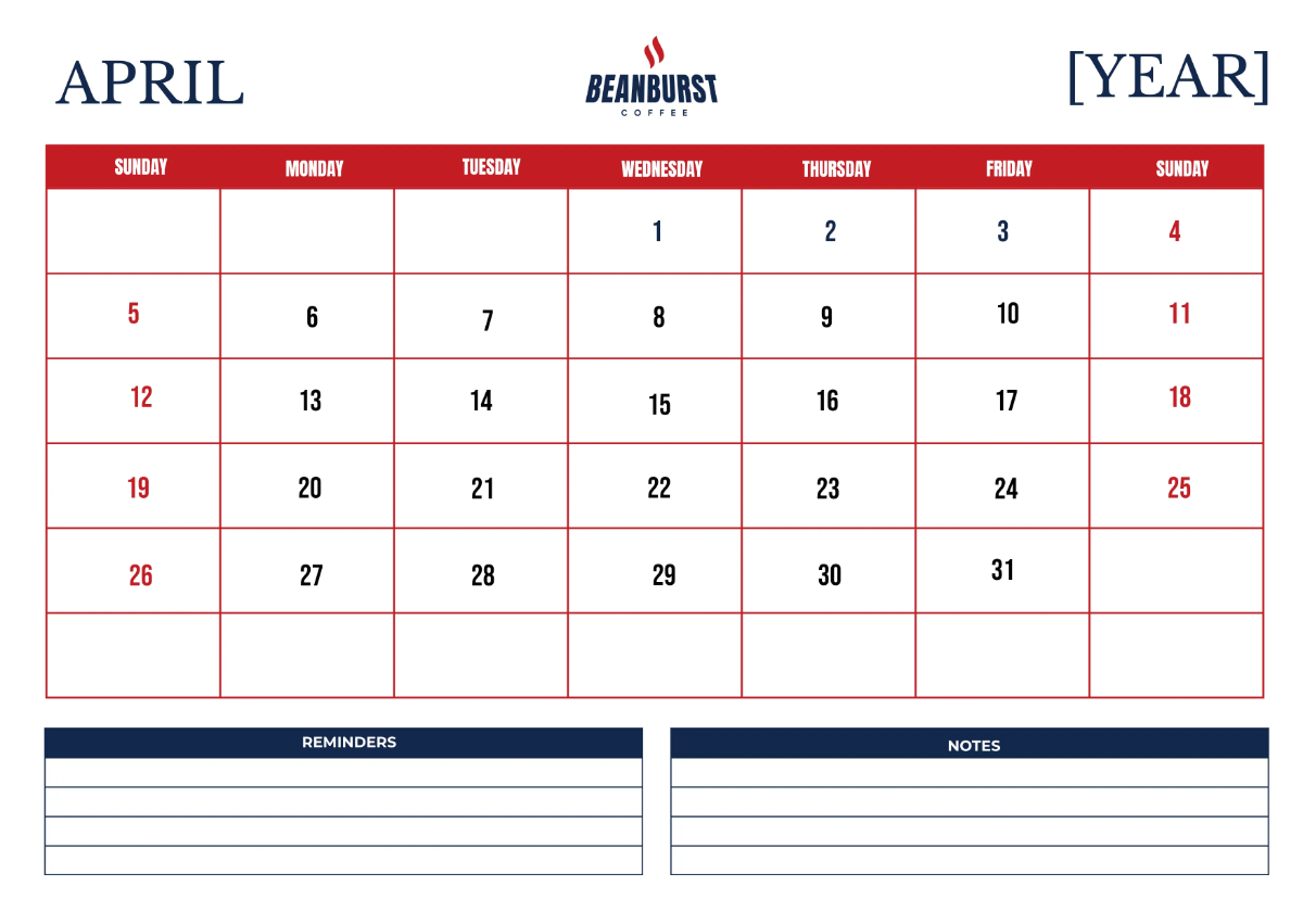 Free Cafe Monthly Calendar Template to Edit Online