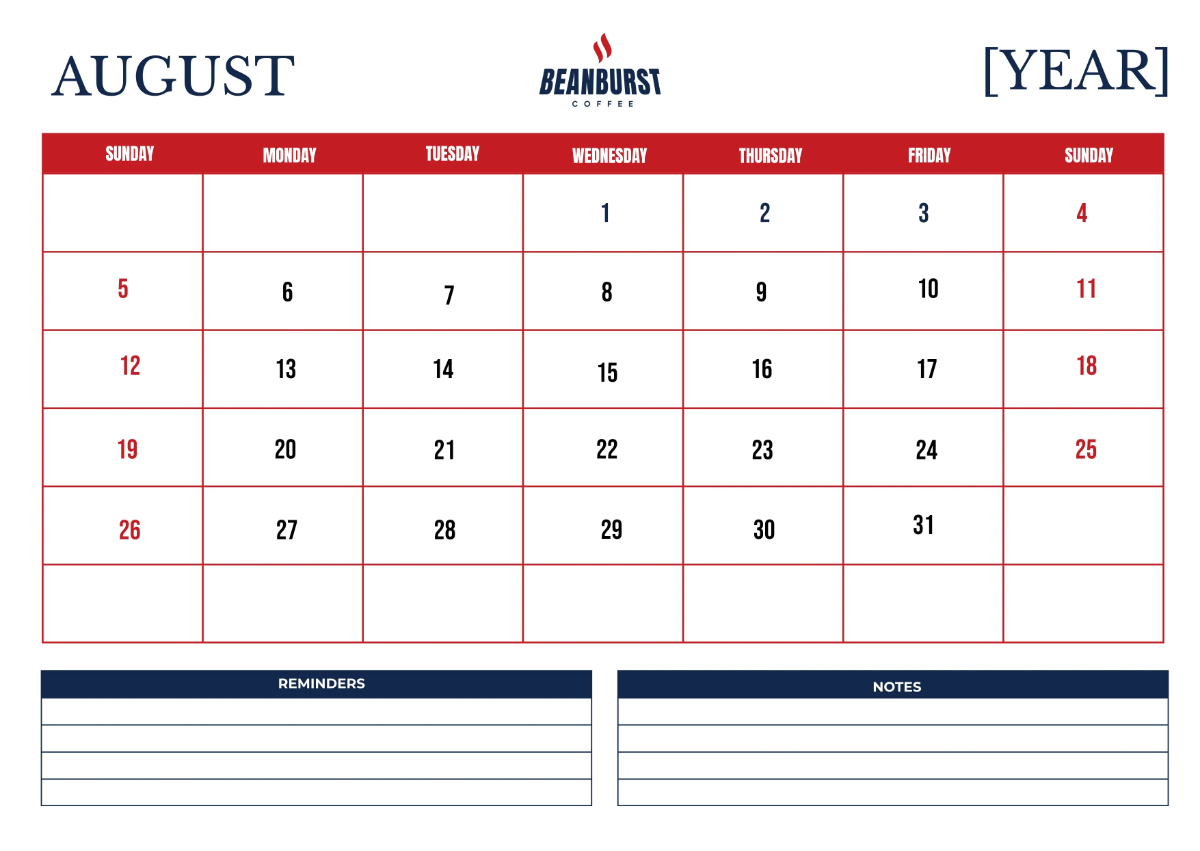 Free Cafe Monthly Calendar Template to Edit Online