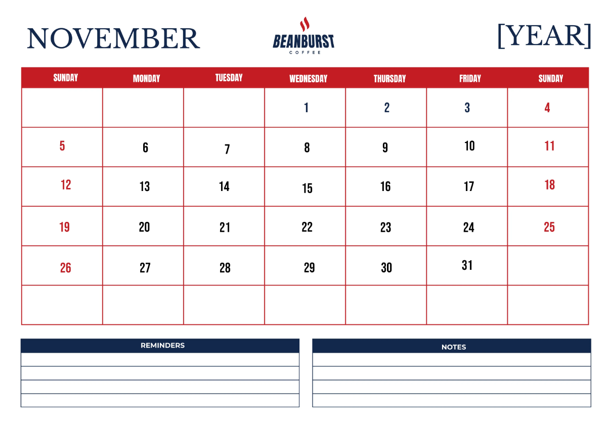 Free Cafe Monthly Calendar Template to Edit Online