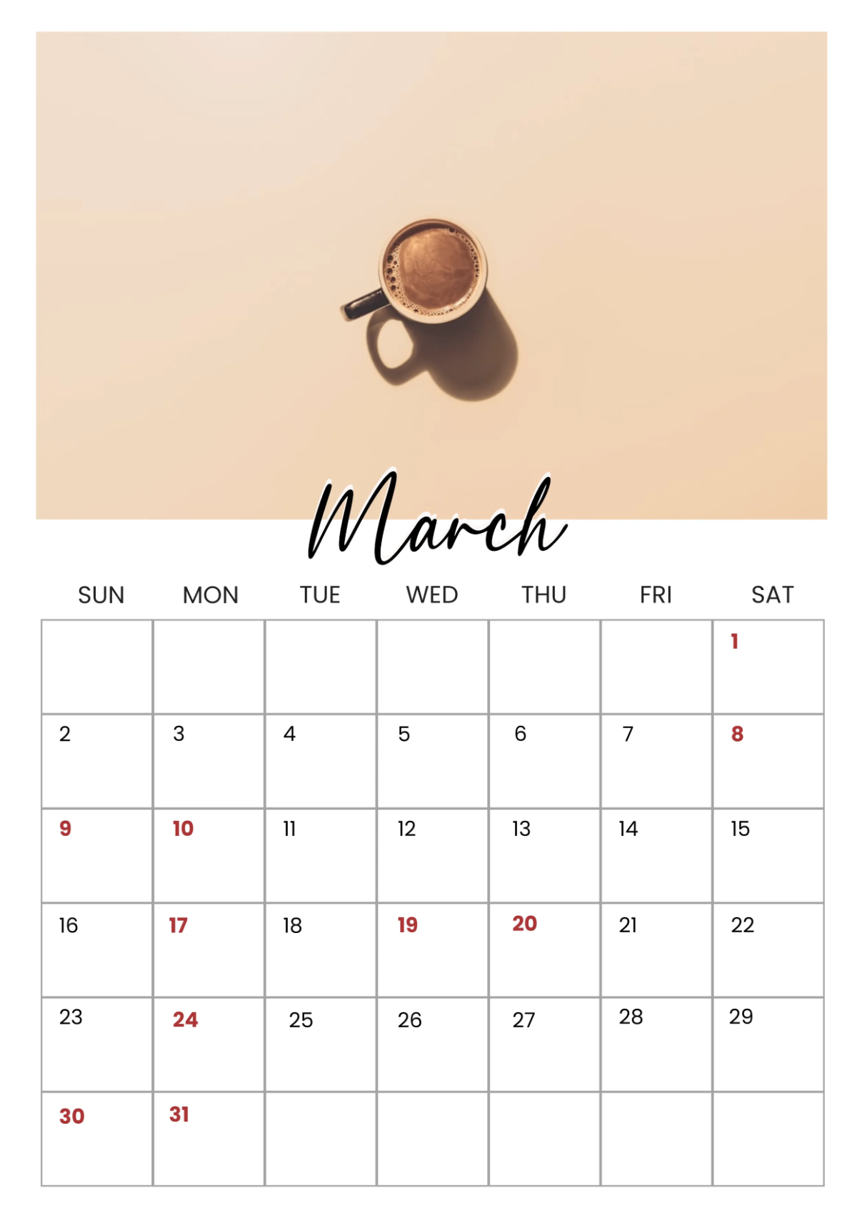 Free Cafe Yearly Calendar Template to Edit Online
