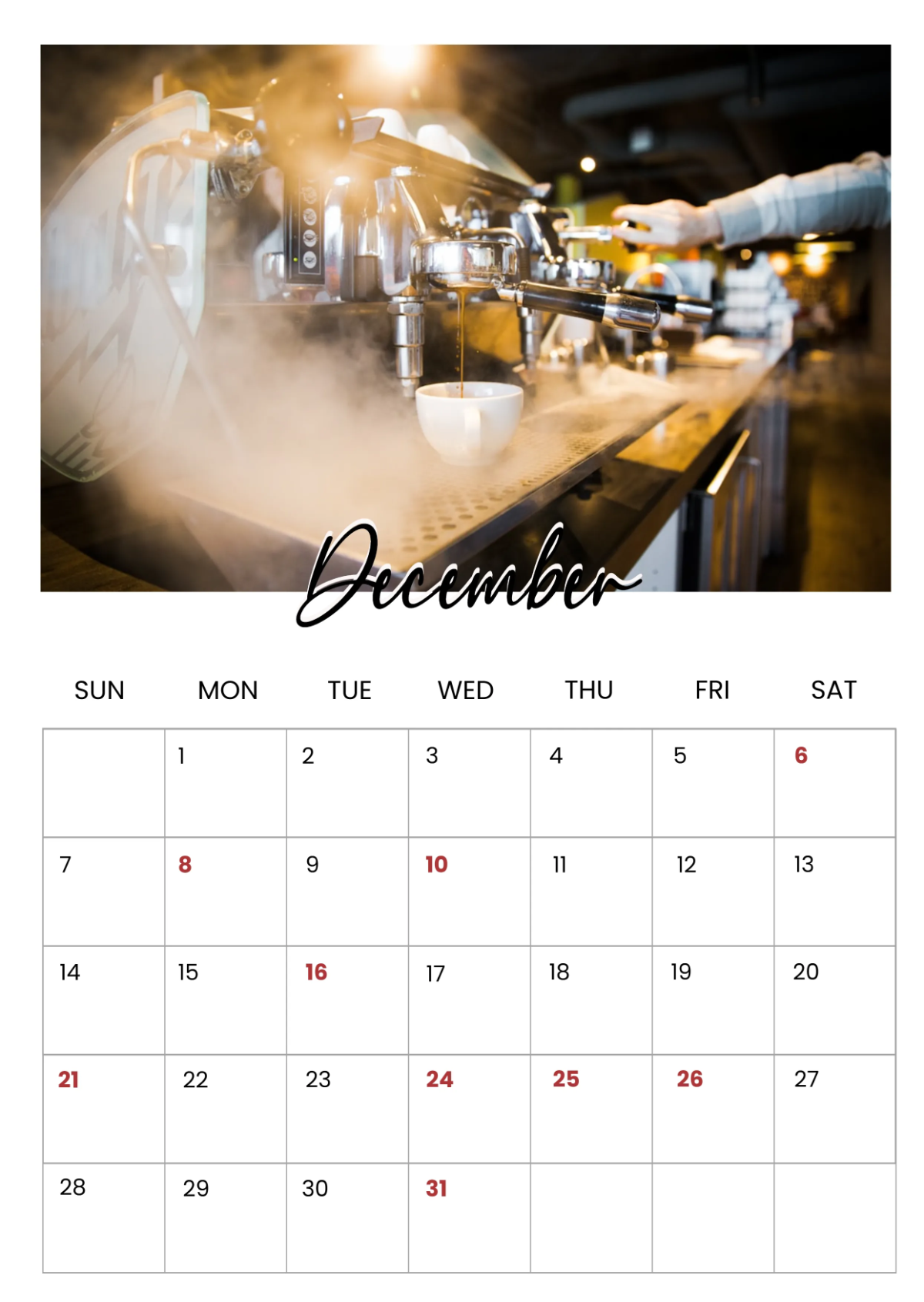 Free Cafe Yearly Calendar Template to Edit Online