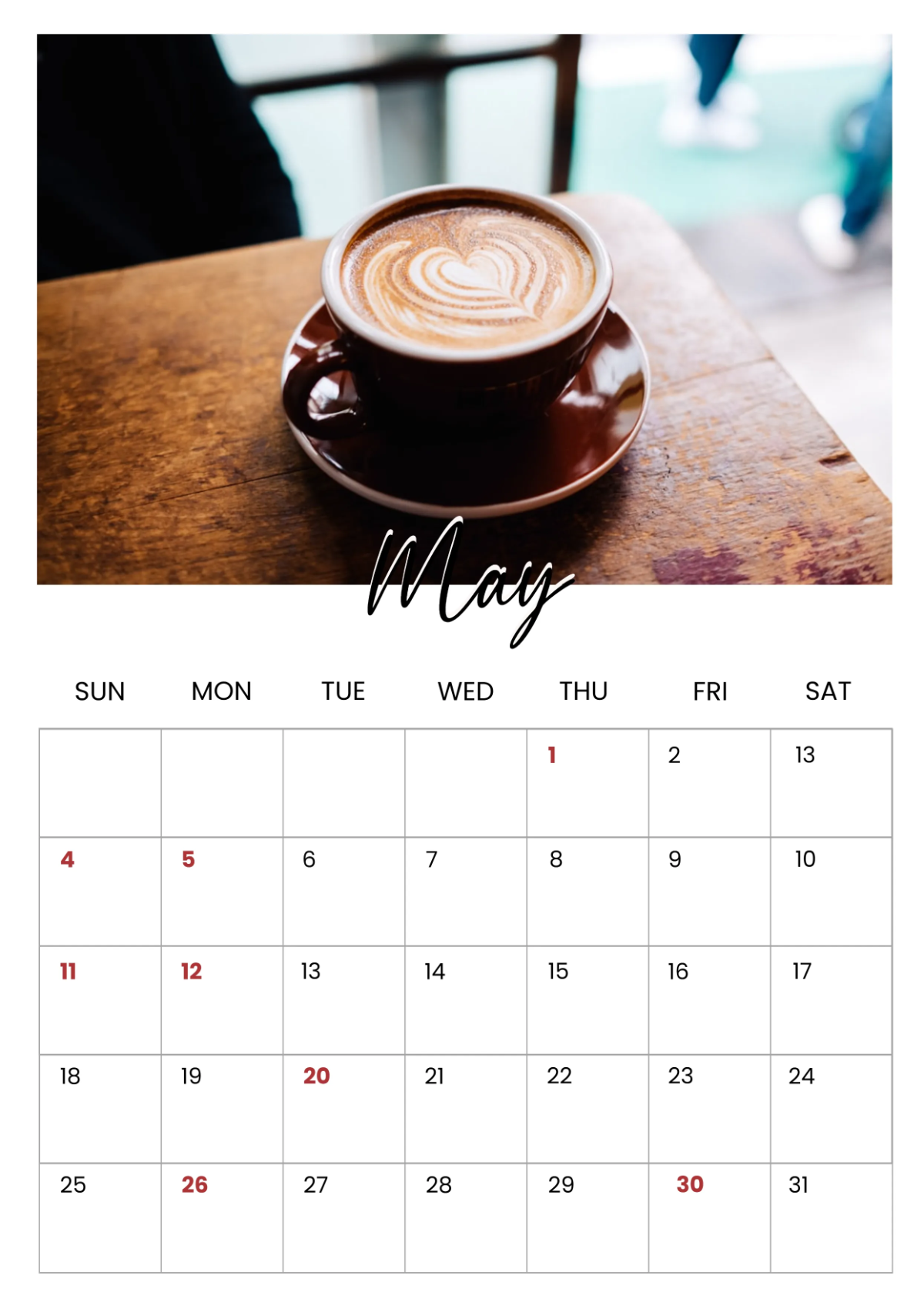 Free Cafe Yearly Calendar Template to Edit Online
