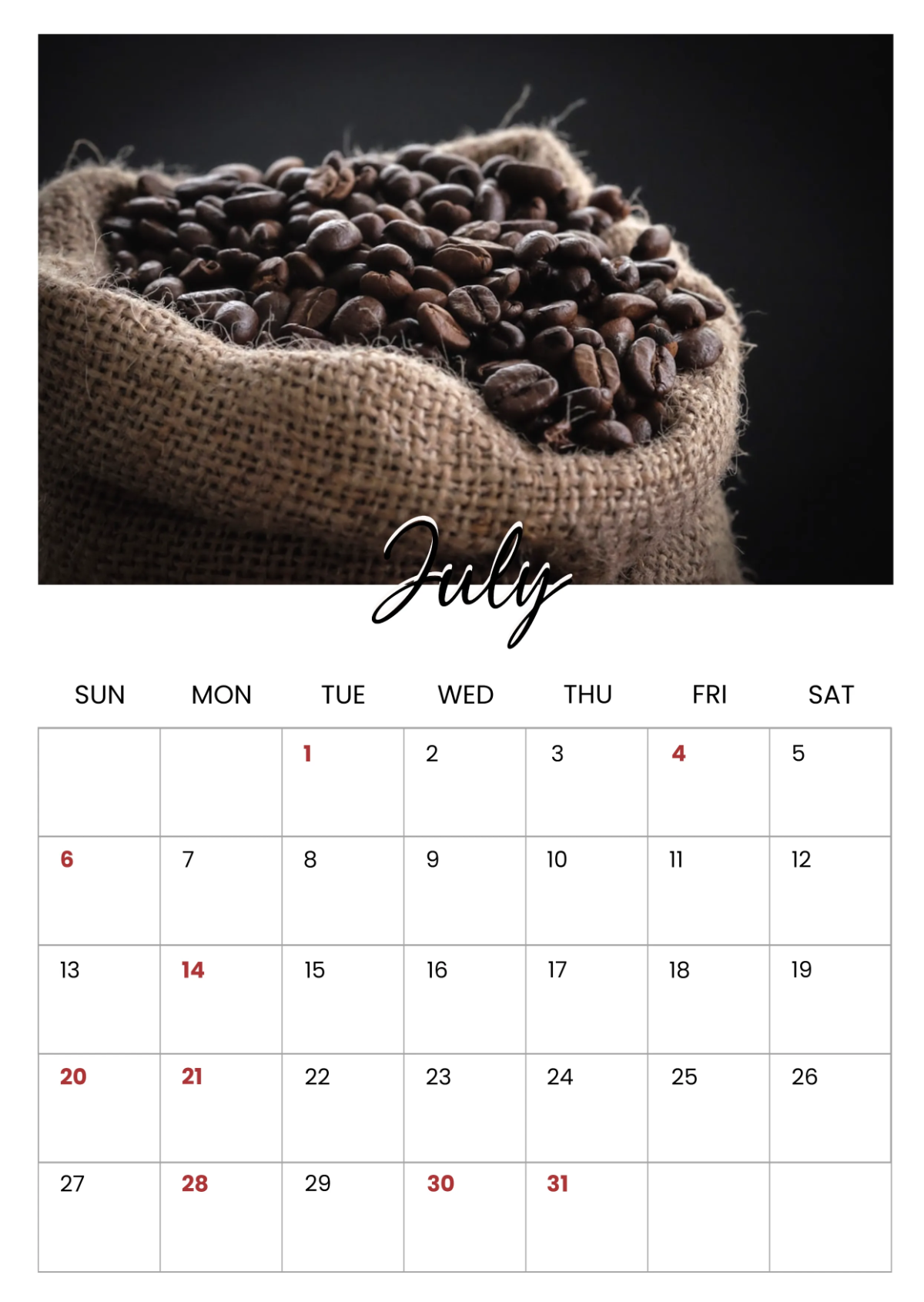 Free Cafe Yearly Calendar Template to Edit Online