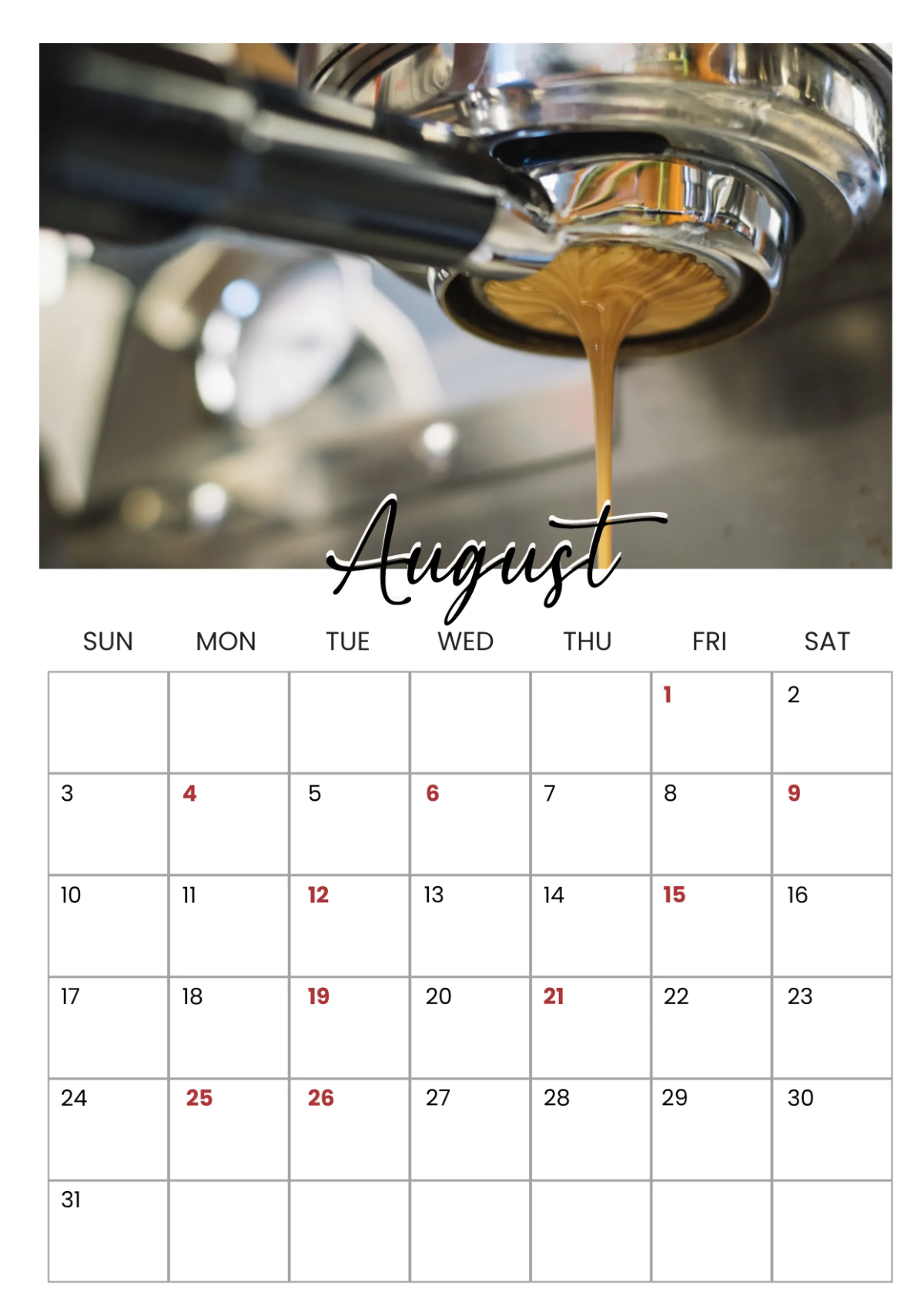 Free Cafe Yearly Calendar Template to Edit Online