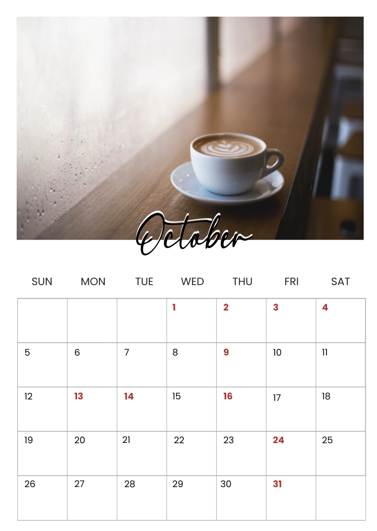 Free Cafe Yearly Calendar Template to Edit Online