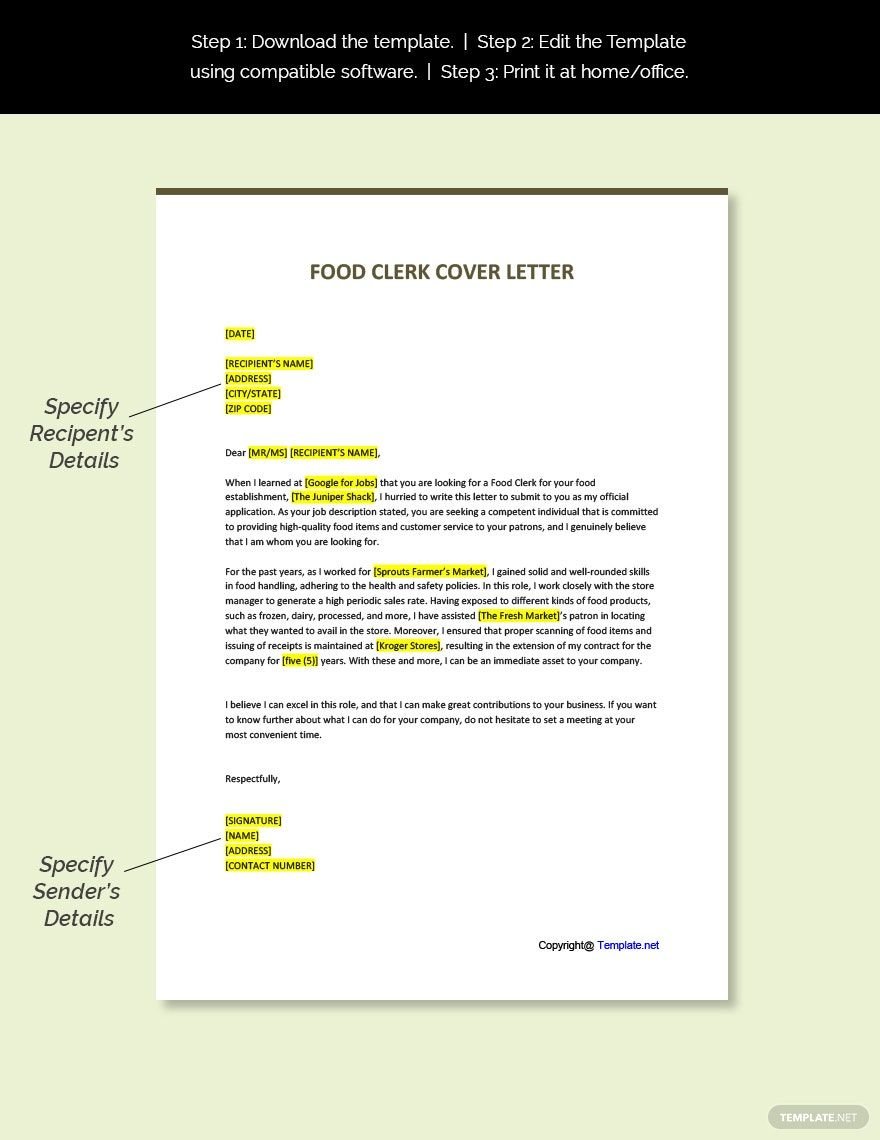 Free Food Clerk Cover Letter