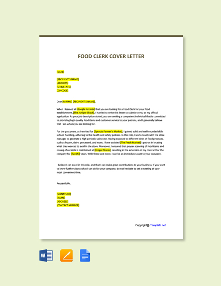 FREE Food Clerk Cover Letter Template Word Google Docs Apple MAC 