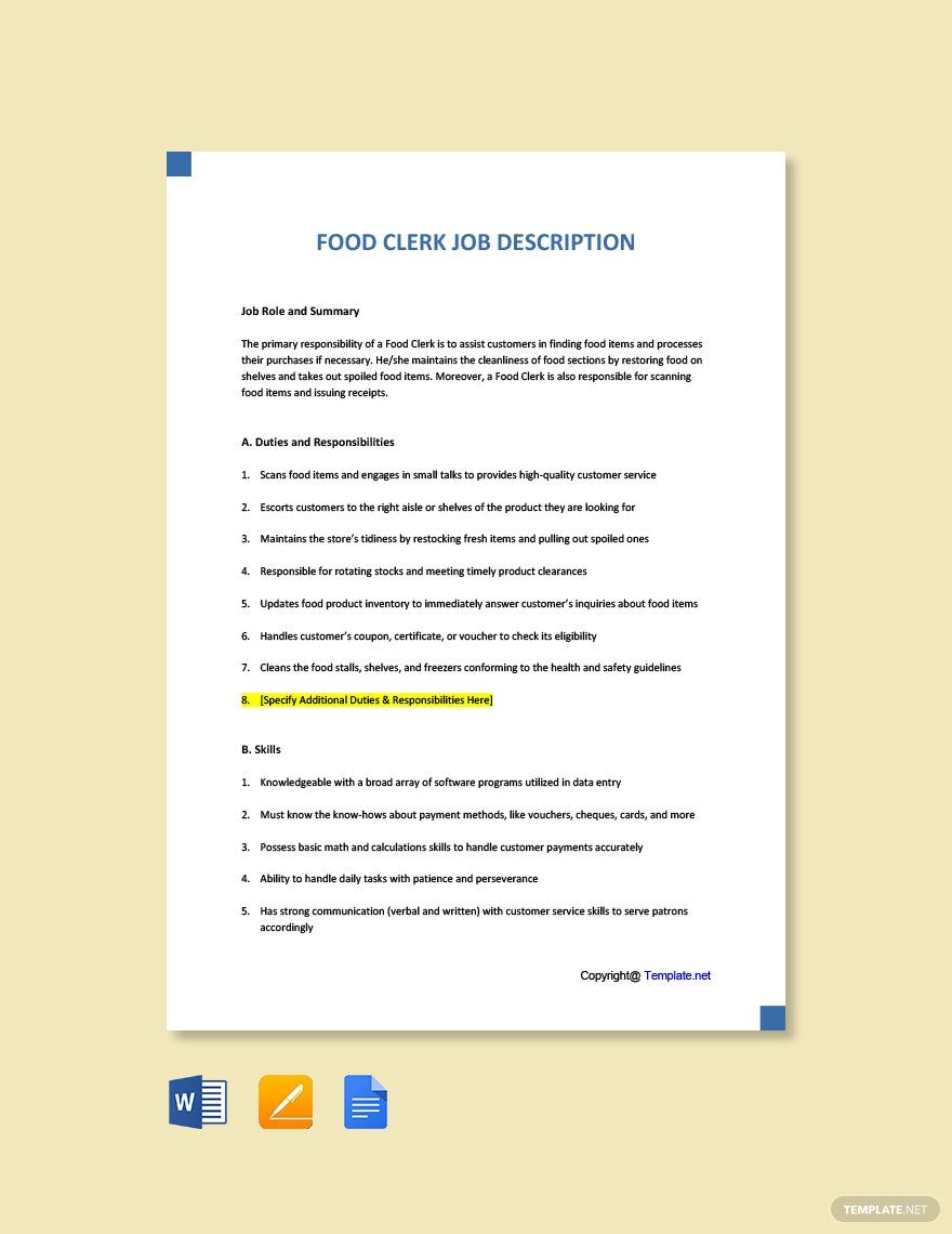 Free Food Clerk Job Description Template