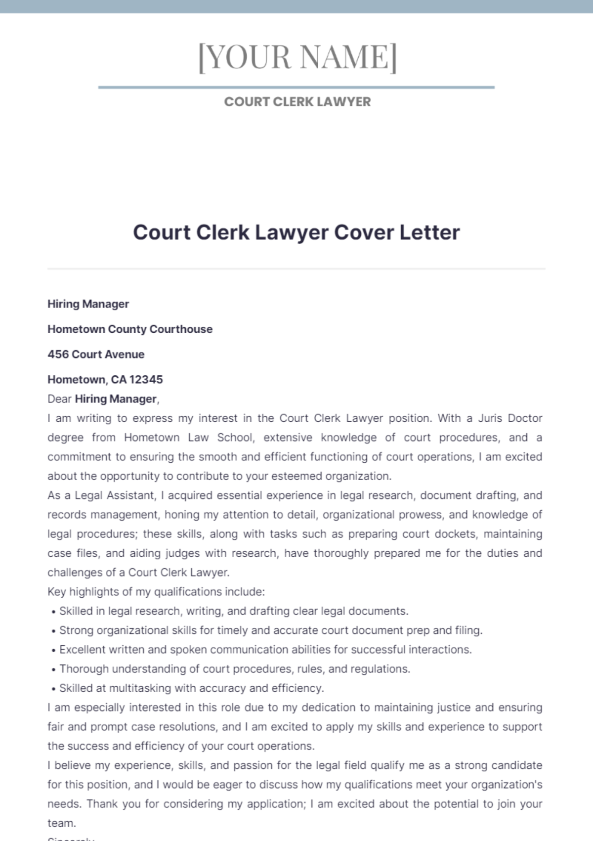 Court Clerk Lawyer Cover Letter - Edit Online & Download