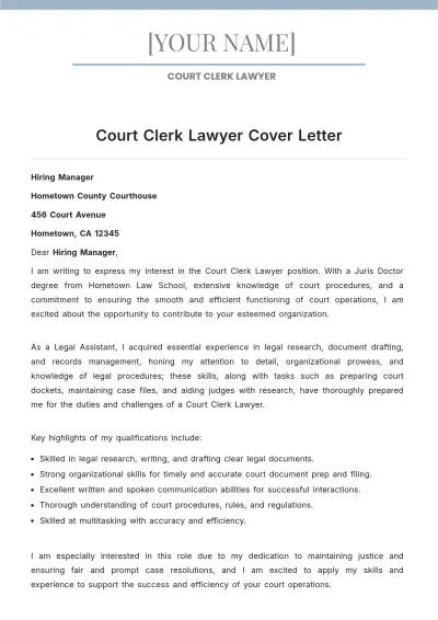Free Court Clerk Lawyer Cover Letter to Edit Online