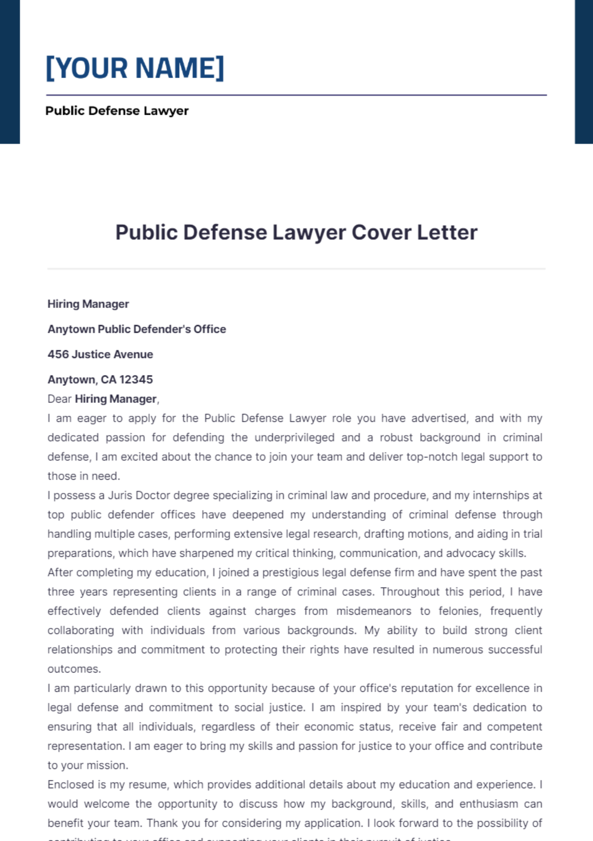 Public Defense Lawyer Cover Letter - Edit Online & Download